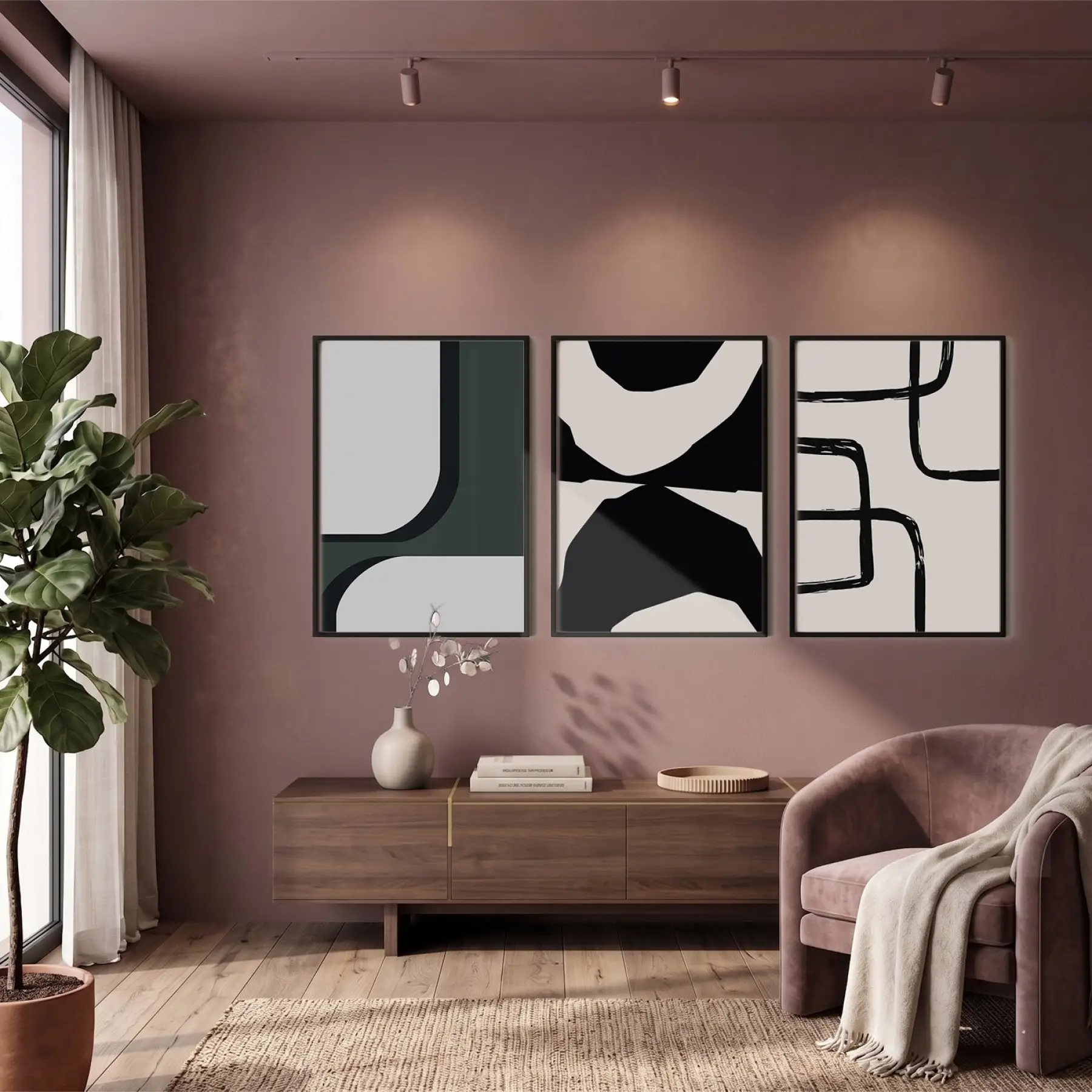 Modern Füme Soyut Kompozisyon 3lü Siyah Çerçeveli Tablo Seti Duvar Tablo Oda Dekorasyonu Salon