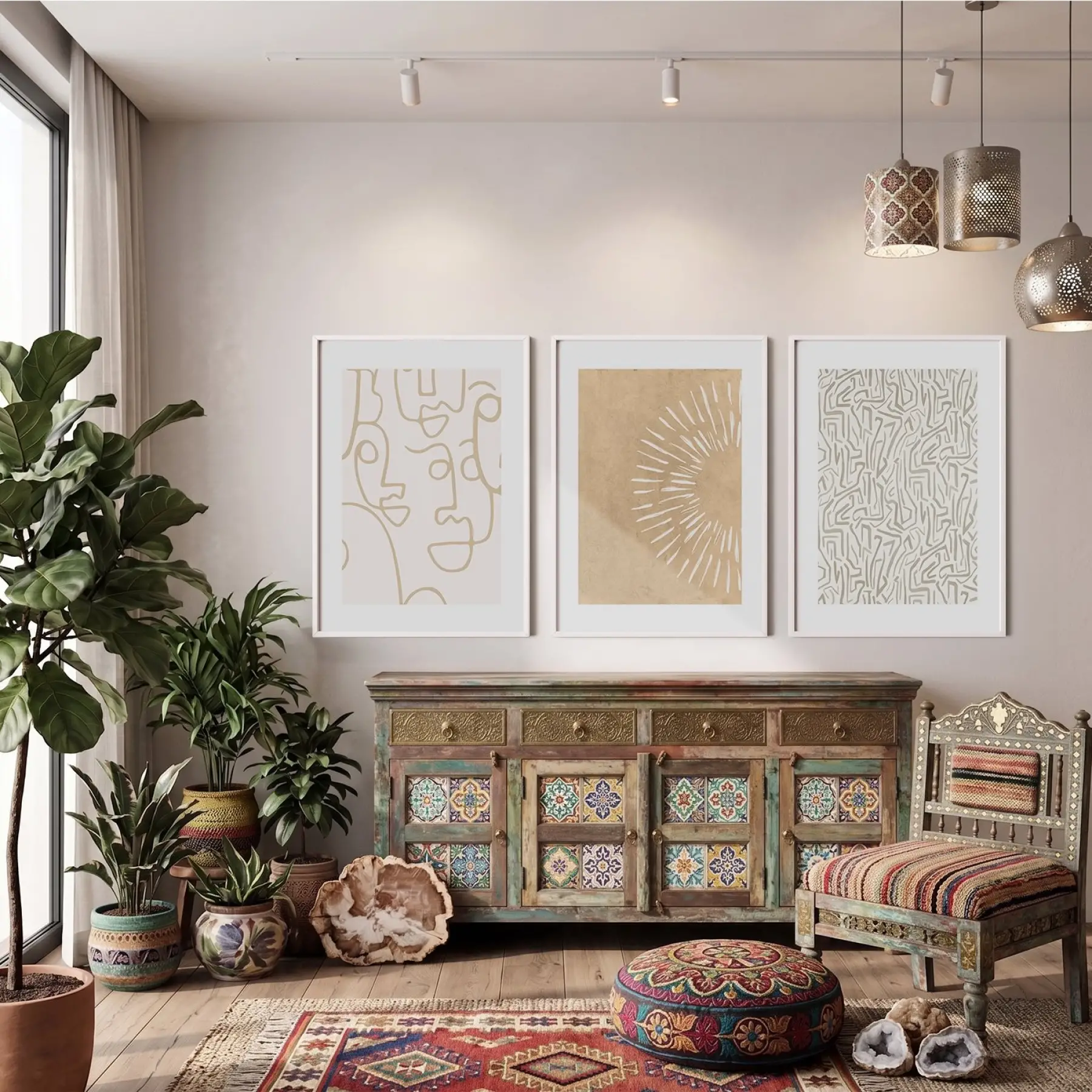 Soyut Yüzler Işık Desenleri 3lü Beyaz Çerçeveli Tablo Seti Poster Tablo Duvar Tablo Ev Dekorasyonu