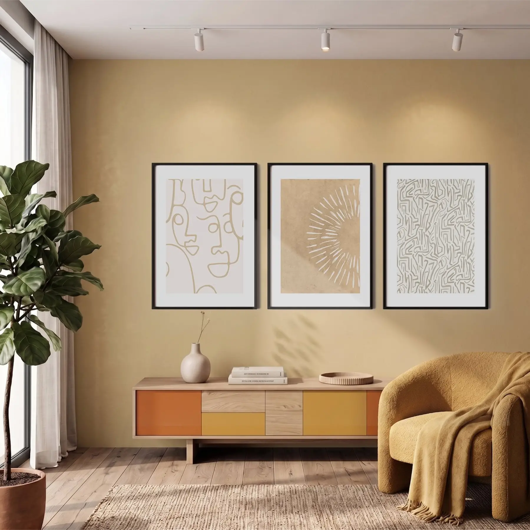 Soyut Yüzler Işık Desenleri 3lü Siyah Çerçeveli Tablo Seti Salon Duvar Tablo Poster Tablo