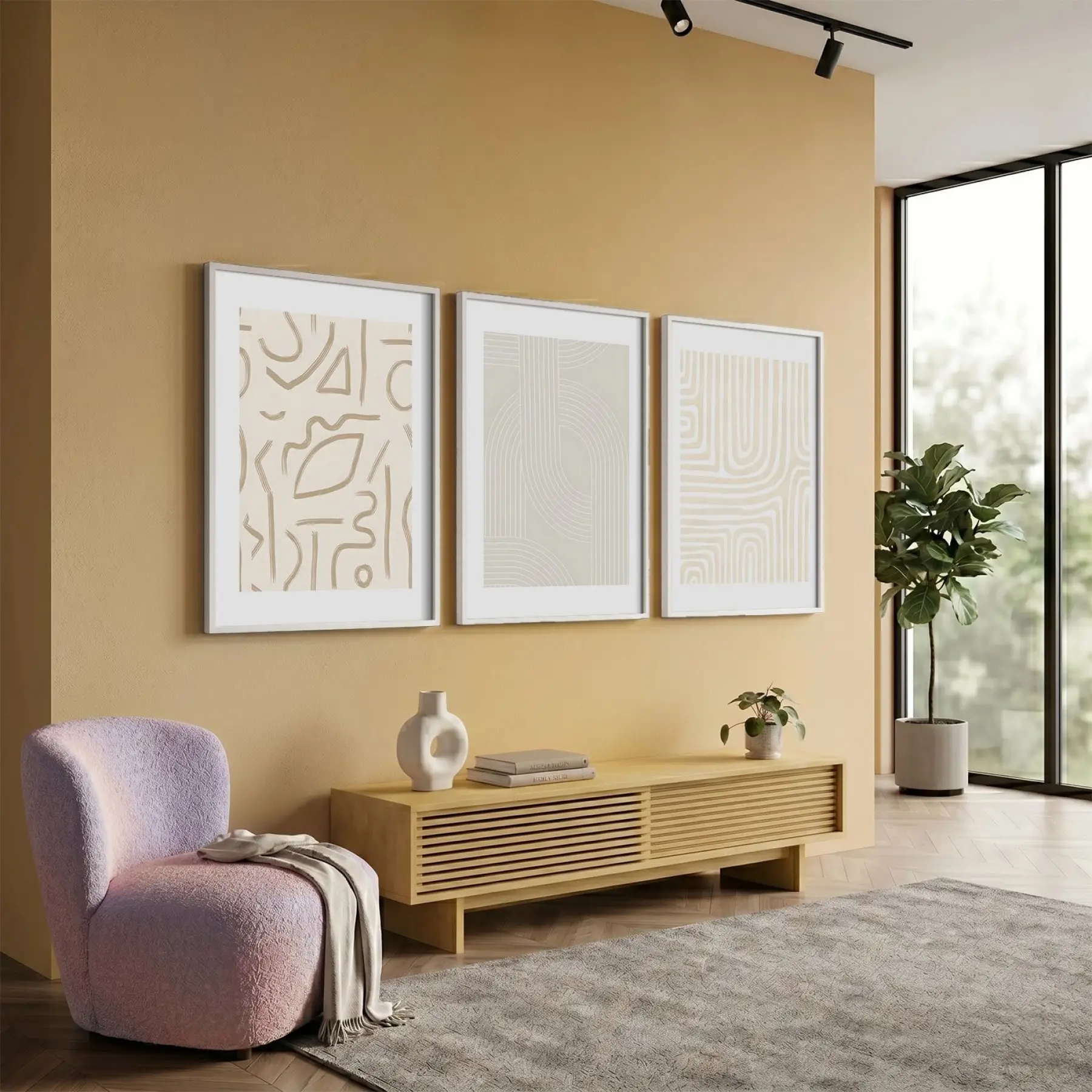 Organik Bej Desenler 3lü Beyaz Çerçeveli Tablo Seti Resim Çerçevesi Tablo Salon Aksesuarları