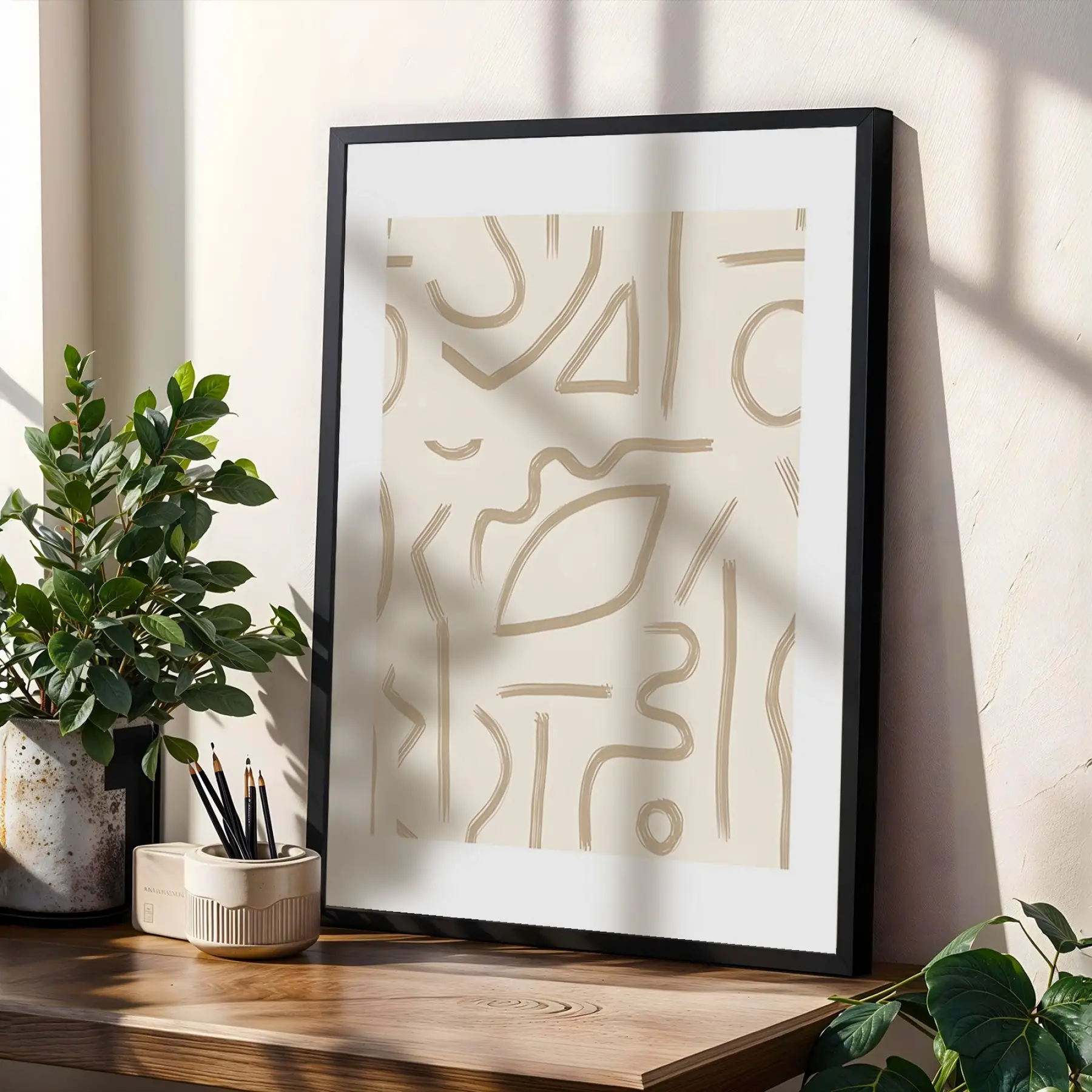 Organik Bej Desenler 3lü Siyah Çerçeveli Tablo Seti Poster Tablo Duvar Tablo Ev Dekorasyonu
