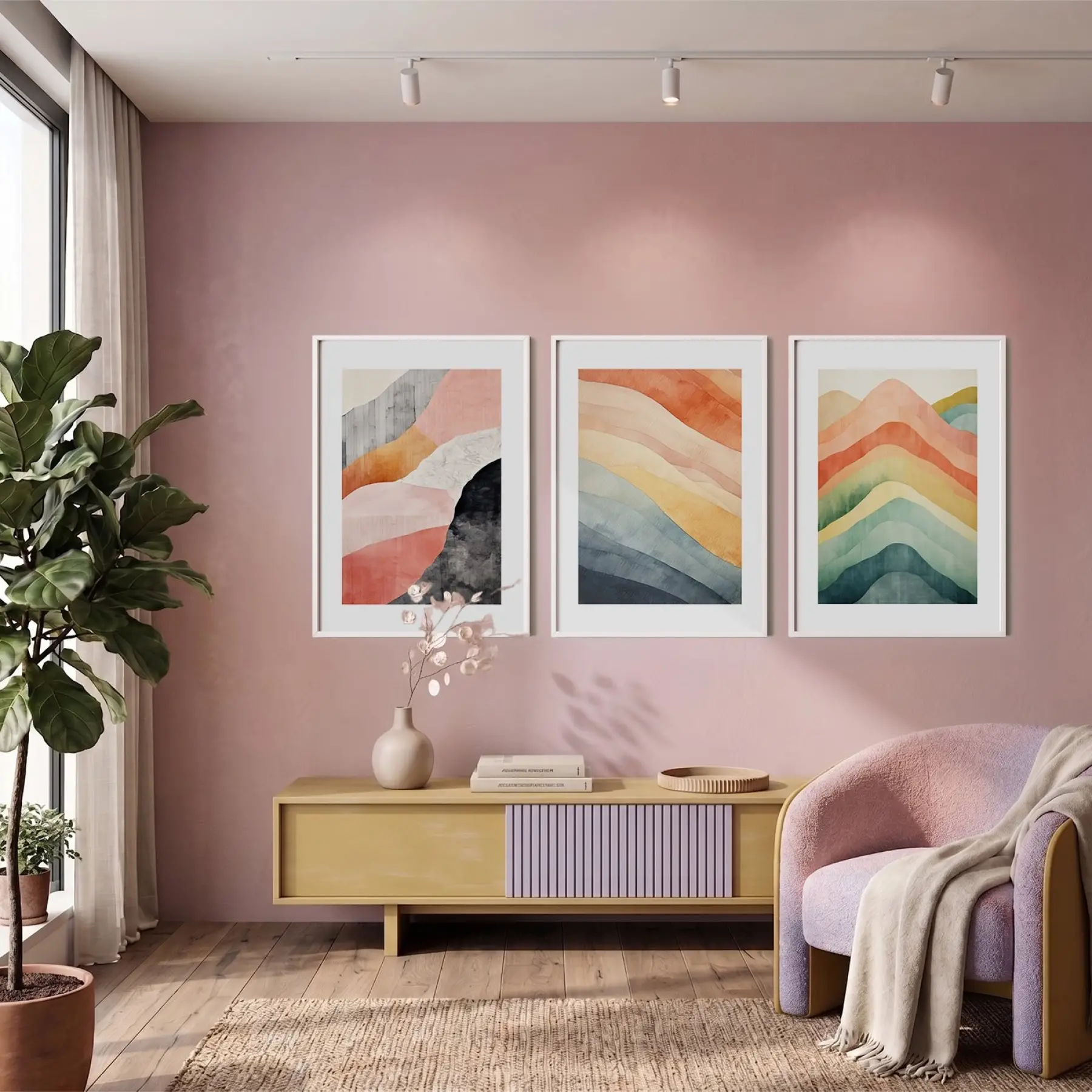 Soyut Pastel Ufuklar 3lü Beyaz Çerçeveli Tablo Seti Poster Tablo Duvar Tablo Ev Dekorasyonu