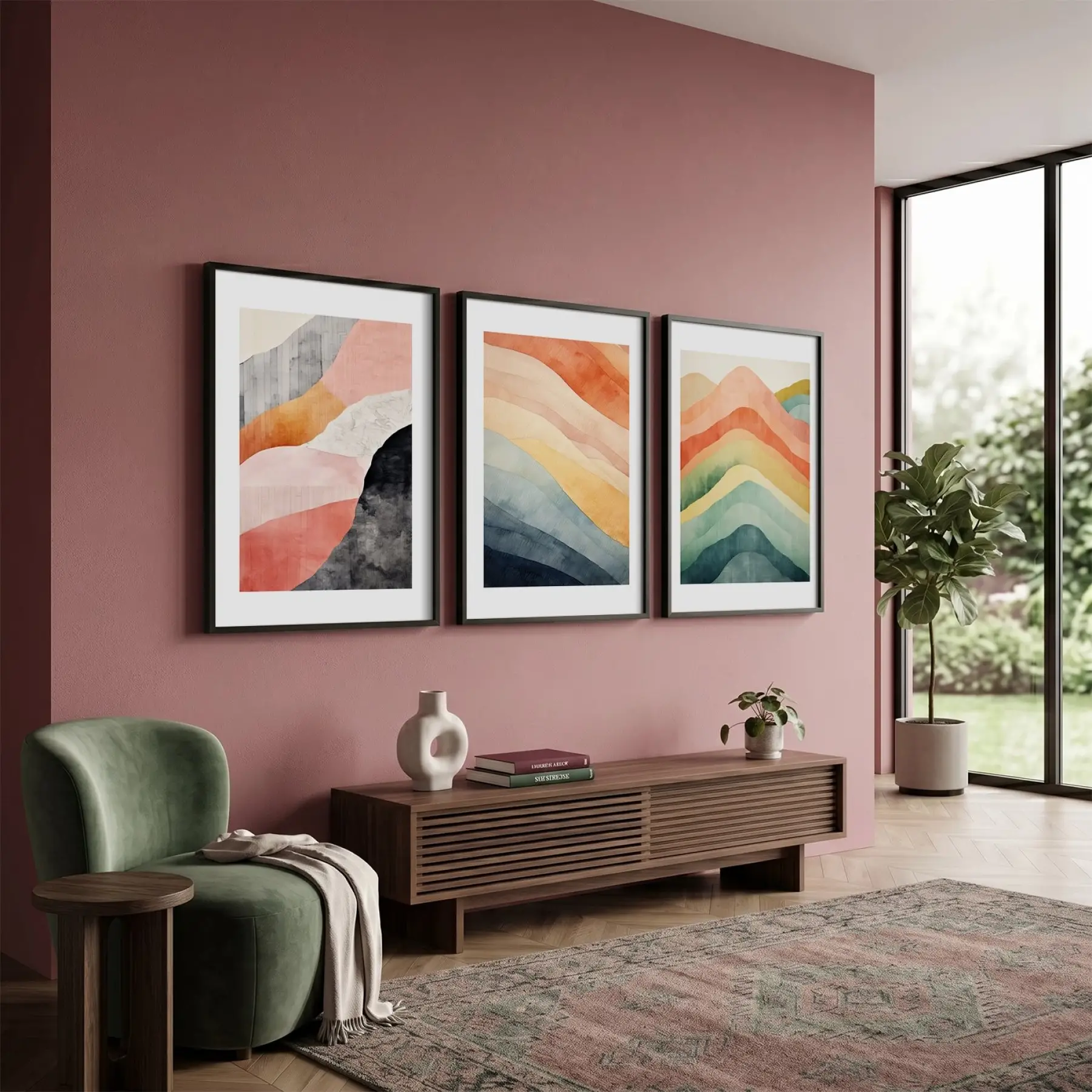 Soyut Pastel Ufuklar 3lü Siyah Çerçeveli Tablo Seti Poster Tablo Resim Çerçevesi Dekoratif Obje