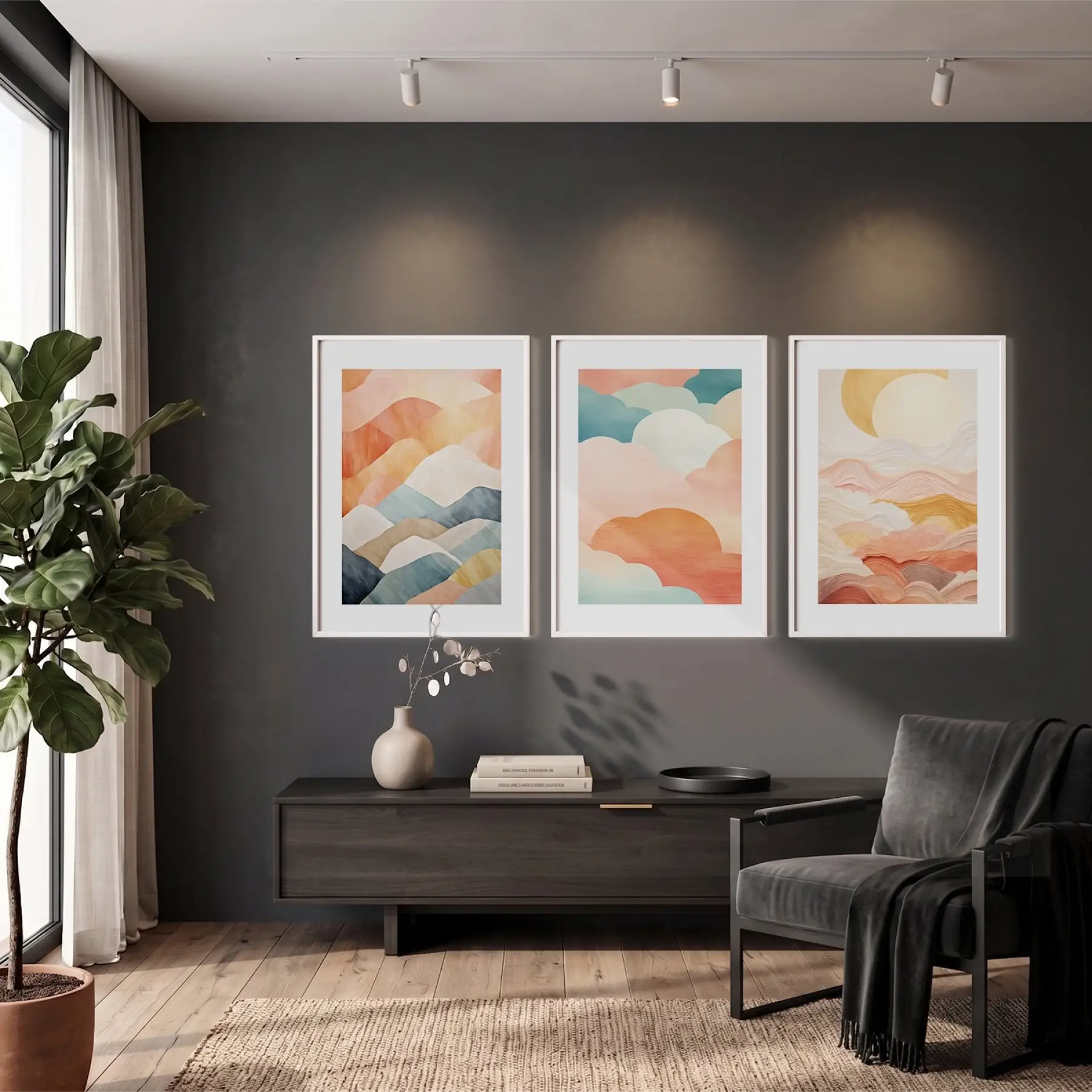 Gün Batımı Dalgaları 3lü Beyaz Çerçeveli Tablo Seti Poster Tablo Resim Çerçevesi Dekoratif Obje
