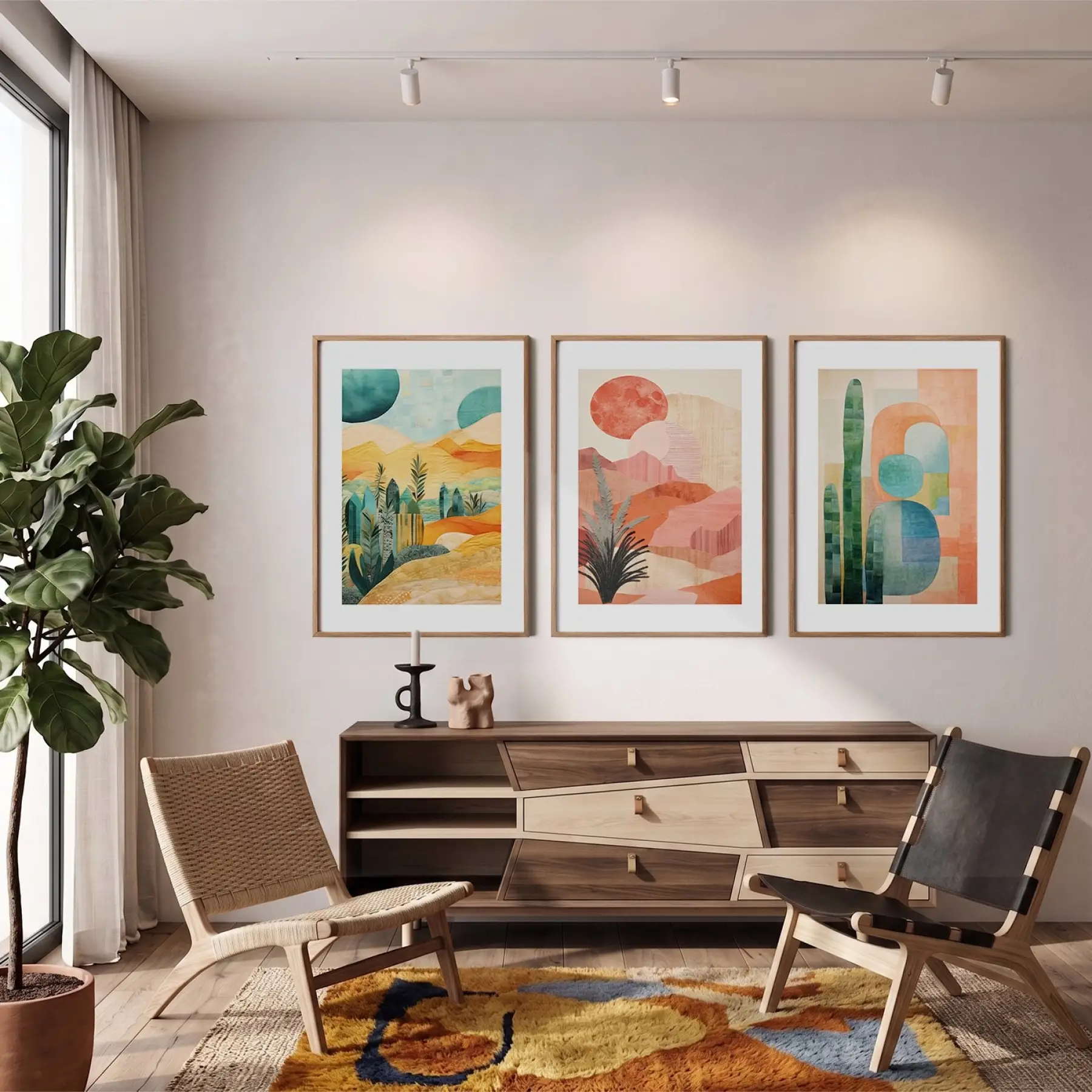 Soyut Gün Batımı Çöl 3lü Ahşap Çerçeveli Tablo Seti Poster Tablo Duvar Tablo Ev Dekorasyonu