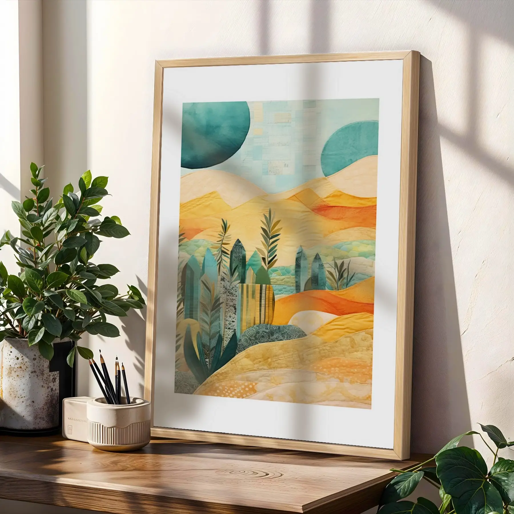 Soyut Gün Batımı Çöl 3lü Ahşap Çerçeveli Tablo Seti Poster Tablo Duvar Tablo Ev Dekorasyonu