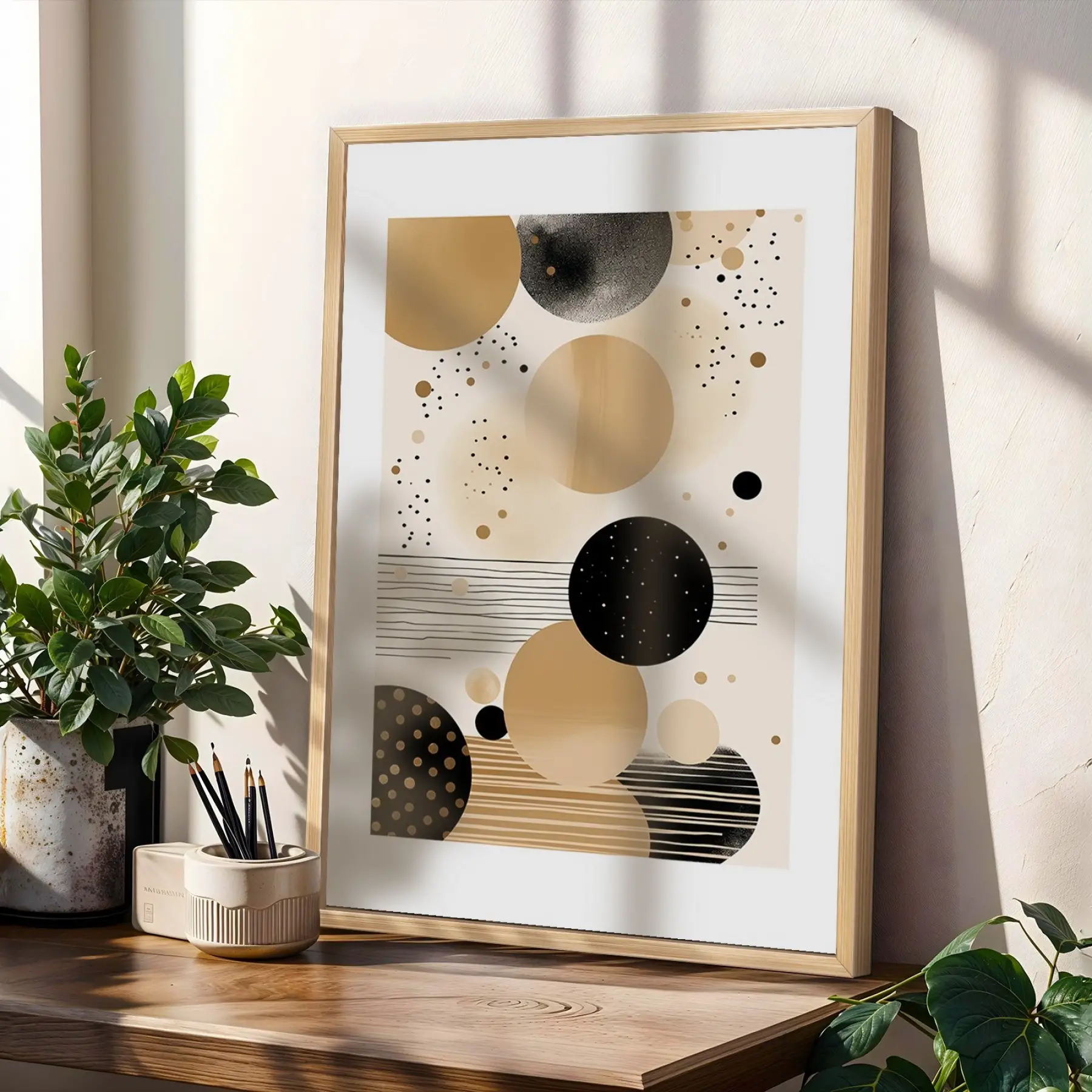 Soyut Toprak Tonları Daireler 3lü Ahşap Çerçeveli Tablo Seti Poster Tablo Resim Çerçevesi Dekoratif