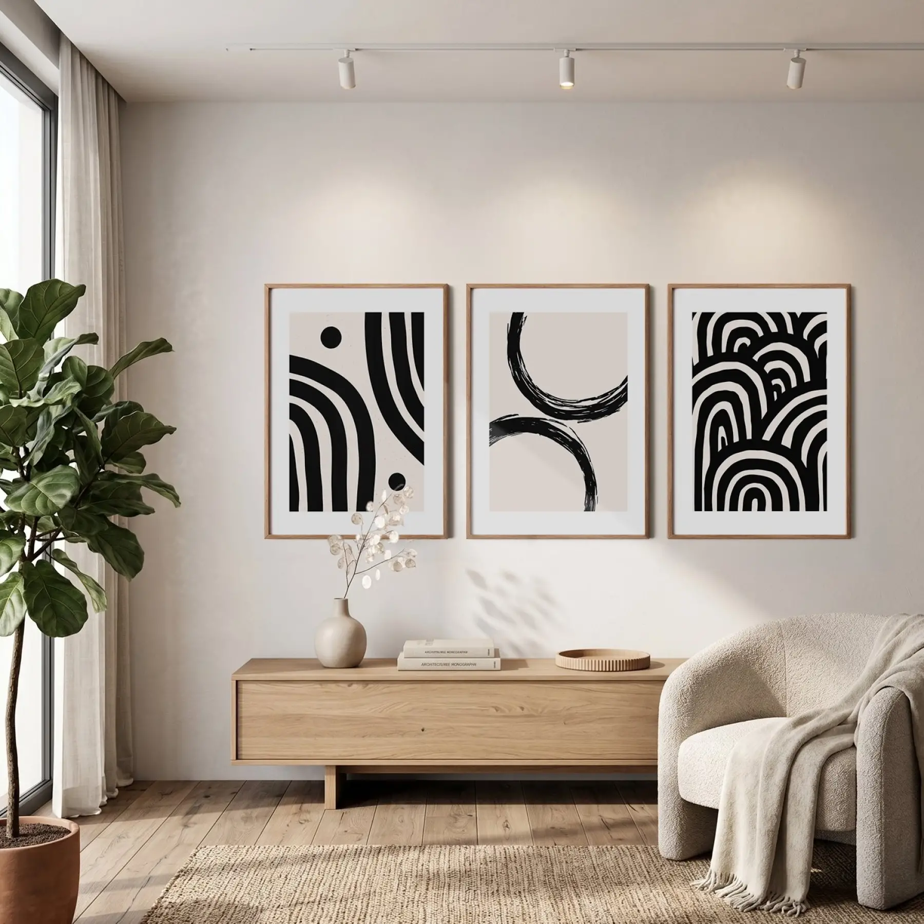 Minimalist Soyut Kavisli Uyum 3lü Ahşap Çerçeveli Tablo Seti Poster Tablo Duvar Tablo Ev