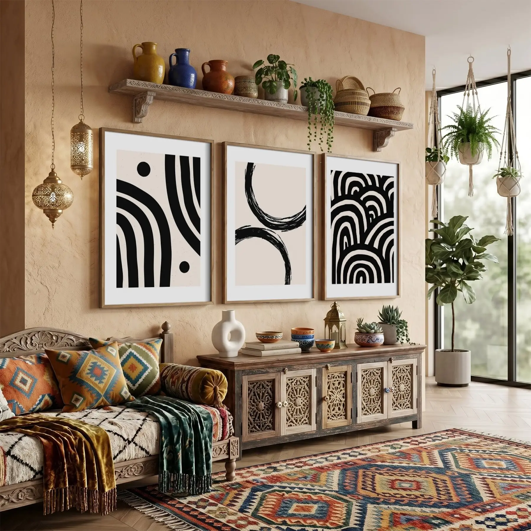 Minimalist Soyut Kavisli Uyum 3lü Ahşap Çerçeveli Tablo Seti Poster Tablo Duvar Tablo Ev