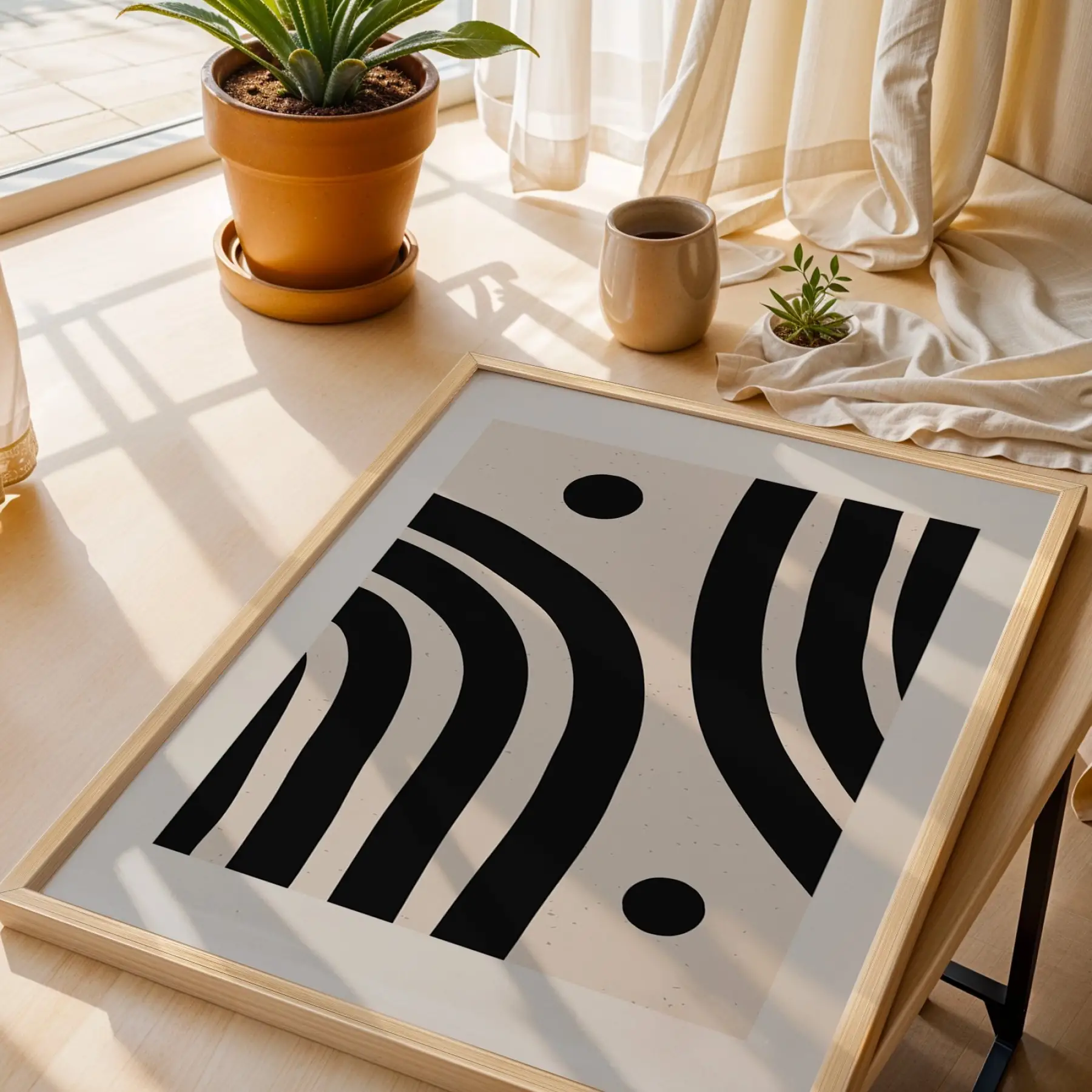 Minimalist Soyut Kavisli Uyum 3lü Ahşap Çerçeveli Tablo Seti Poster Tablo Duvar Tablo Ev