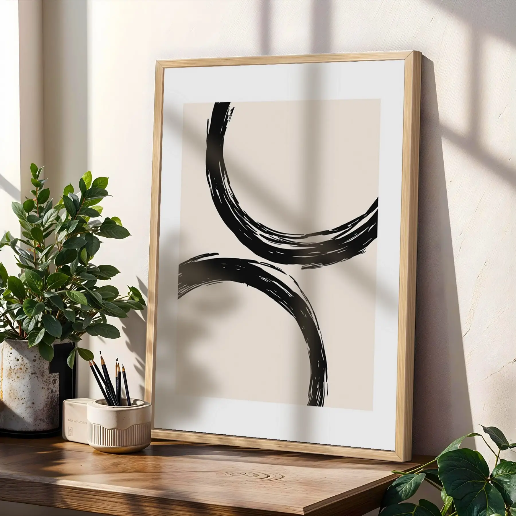Minimalist Soyut Kavisli Uyum 3lü Ahşap Çerçeveli Tablo Seti Poster Tablo Duvar Tablo Ev
