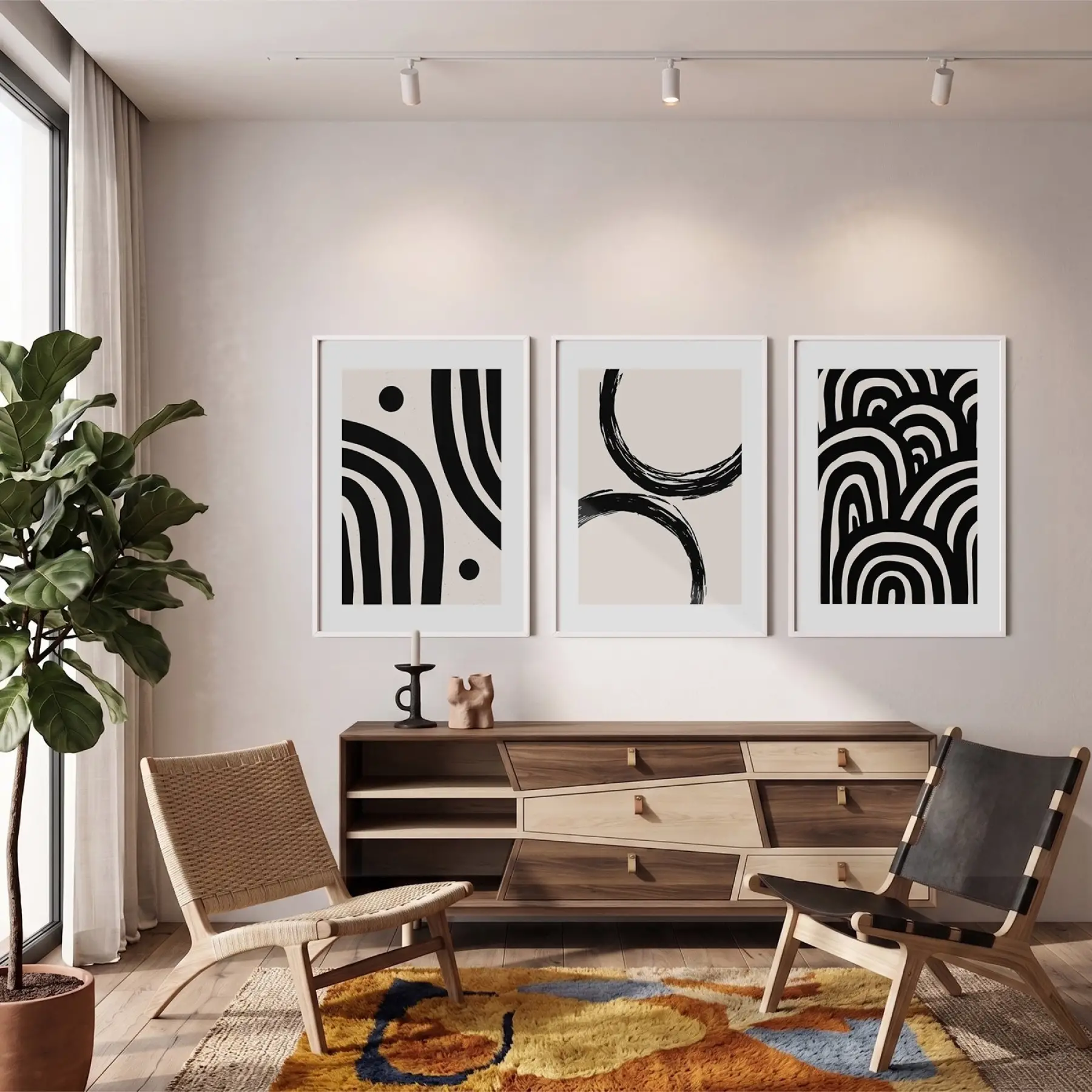 Minimalist Soyut Kavisli Uyum 3lü Beyaz Çerçeveli Tablo Seti Duvar Tablo Oda Dekorasyonu Dekoratif