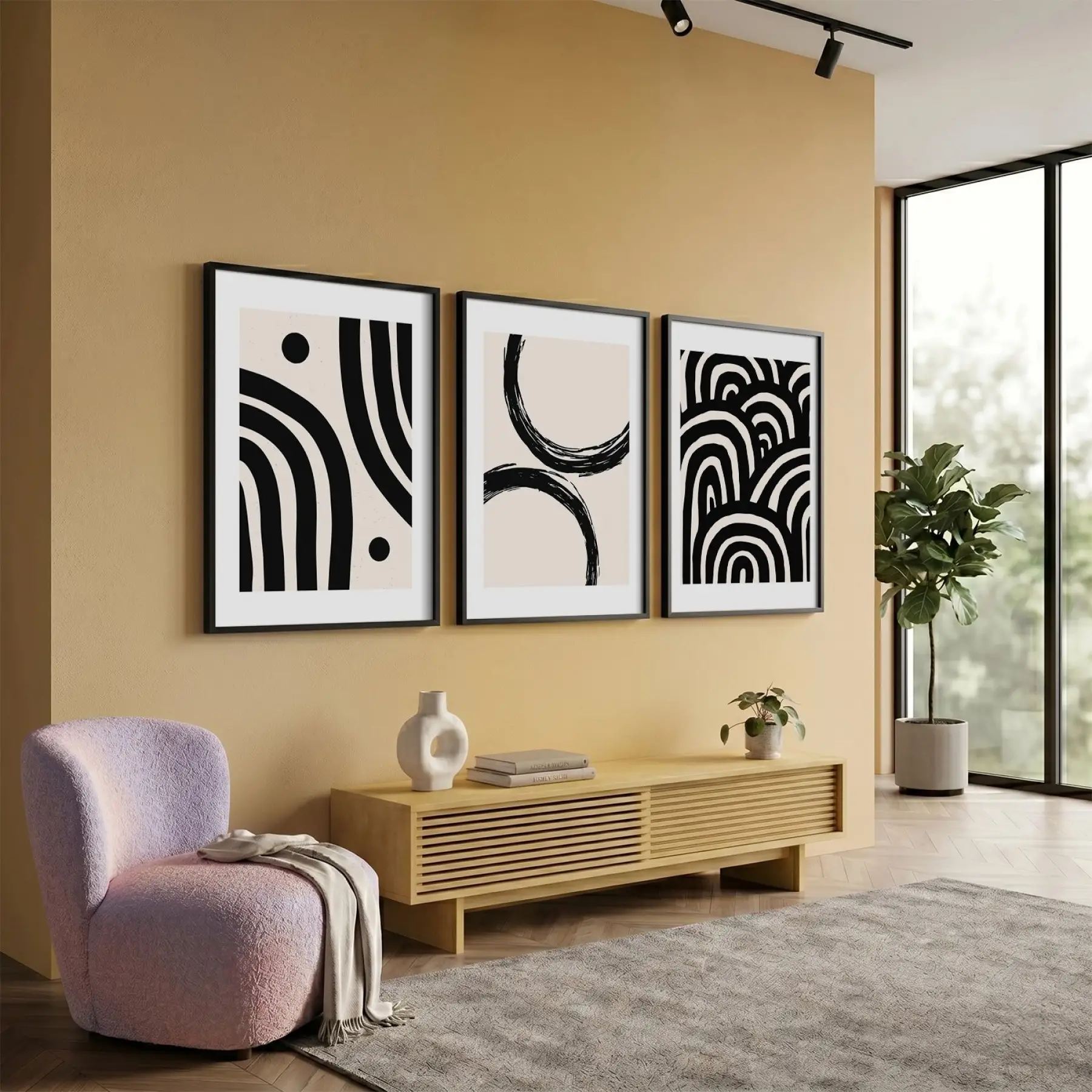 Minimalist Soyut Kavisli Uyum 3lü Siyah Çerçeveli Tablo Seti Duvar Tablo Oda Dekorasyonu Dekoratif