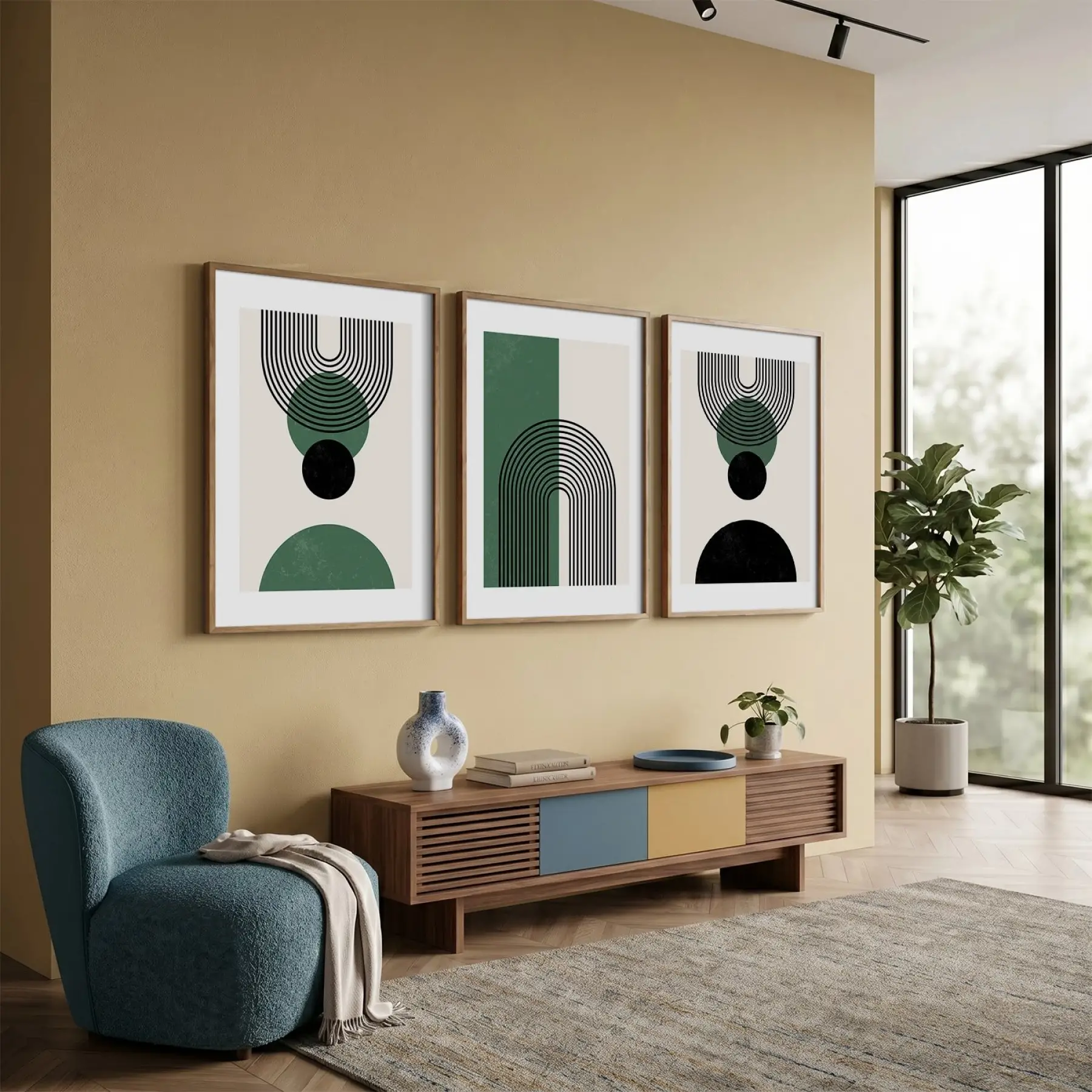 Minimalist Yeşil Kemerli 3lü Ahşap Çerçeveli Tablo Seti Poster Tablo Resim Çerçevesi Dekoratif Obje