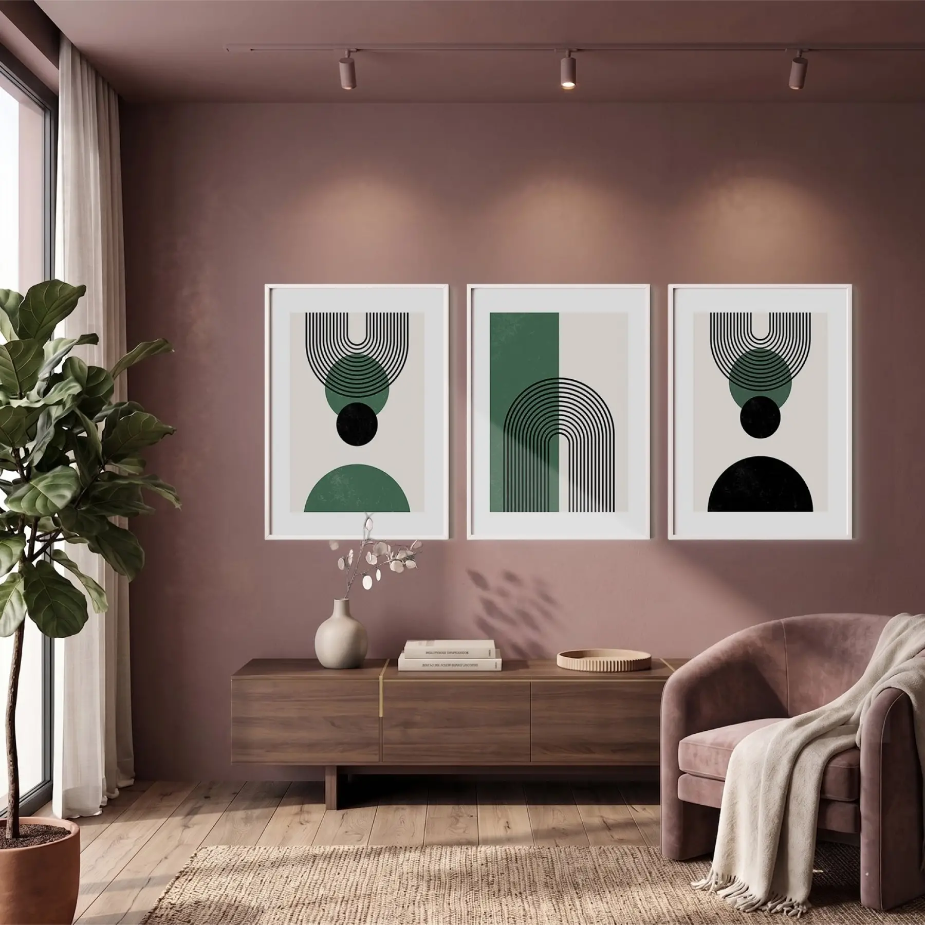 Minimalist Yeşil Kemerli 3lü Beyaz Çerçeveli Tablo Seti Tablo Çerçeve Salon Duvar Tablo Dekor