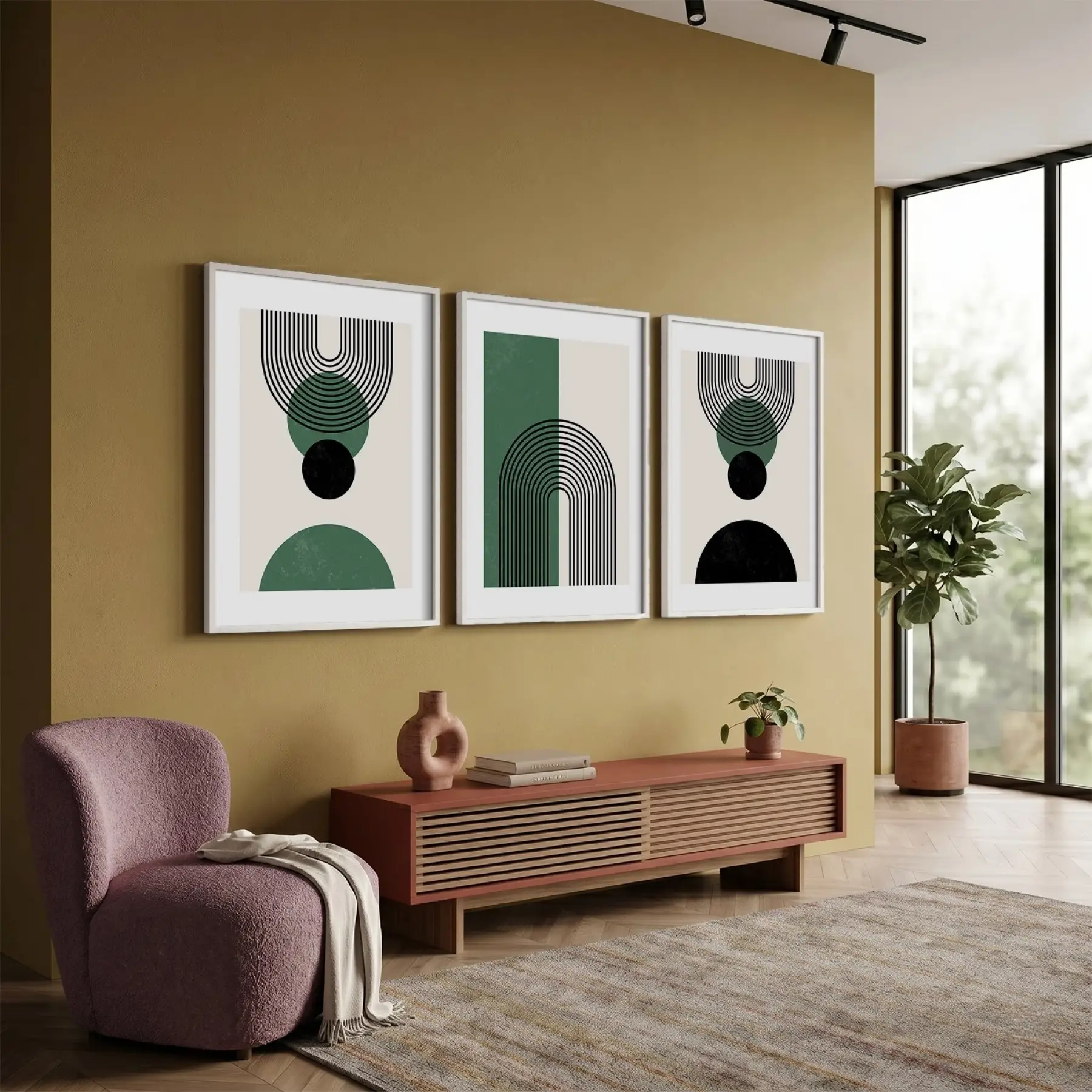 Minimalist Yeşil Kemerli 3lü Beyaz Çerçeveli Tablo Seti Tablo Çerçeve Salon Duvar Tablo Dekor