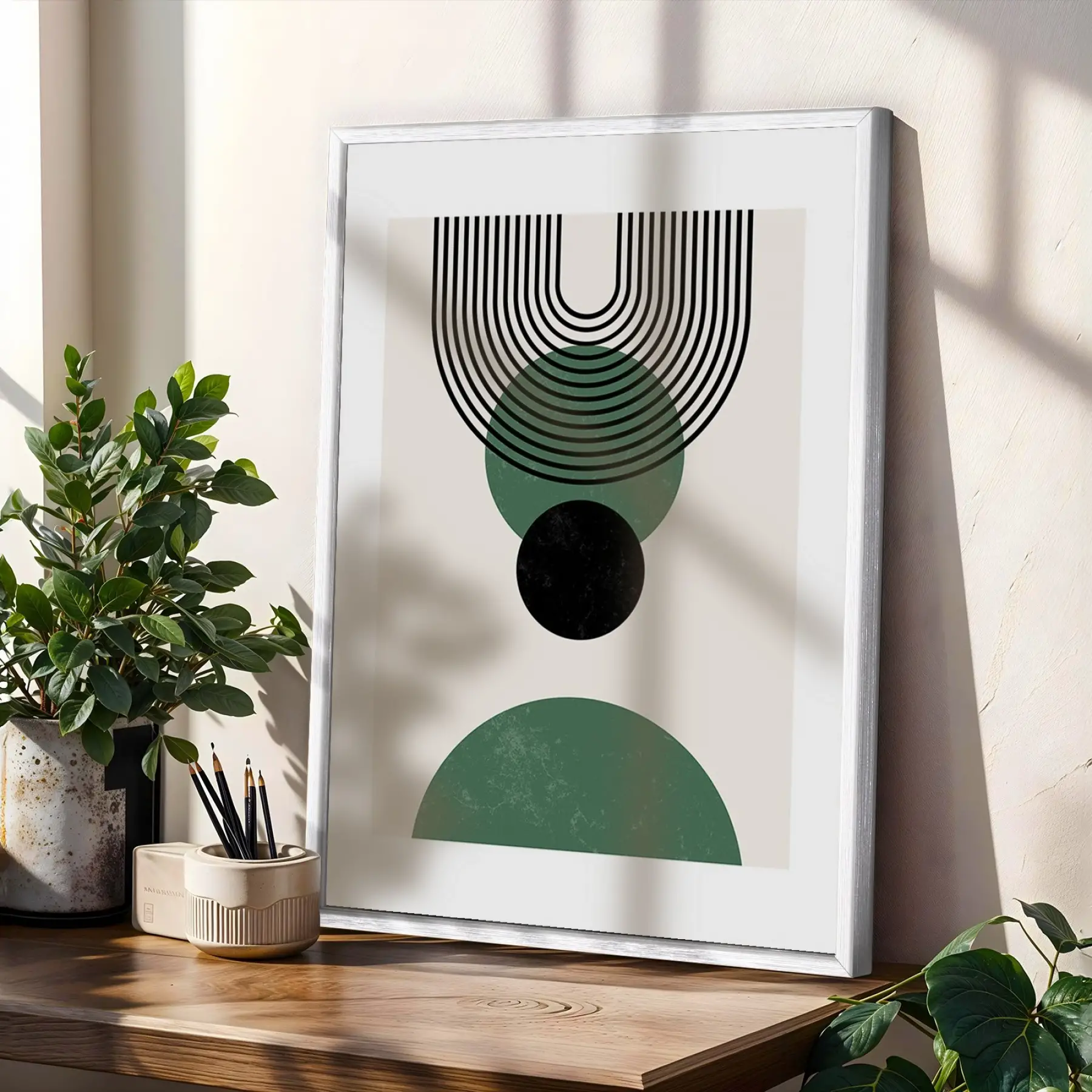 Minimalist Yeşil Kemerli 3lü Beyaz Çerçeveli Tablo Seti Tablo Çerçeve Salon Duvar Tablo Dekor