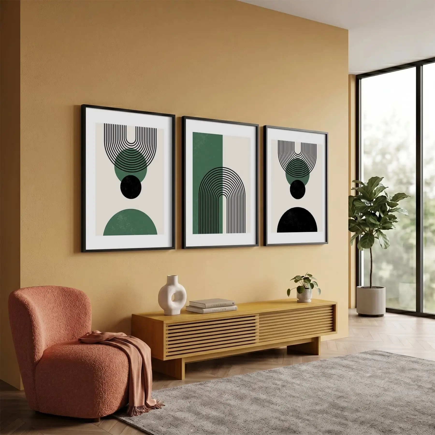 Minimalist Yeşil Kemerli 3lü Siyah Çerçeveli Tablo Seti Tablo Çerçeve Salon Duvar Tablo Dekor
