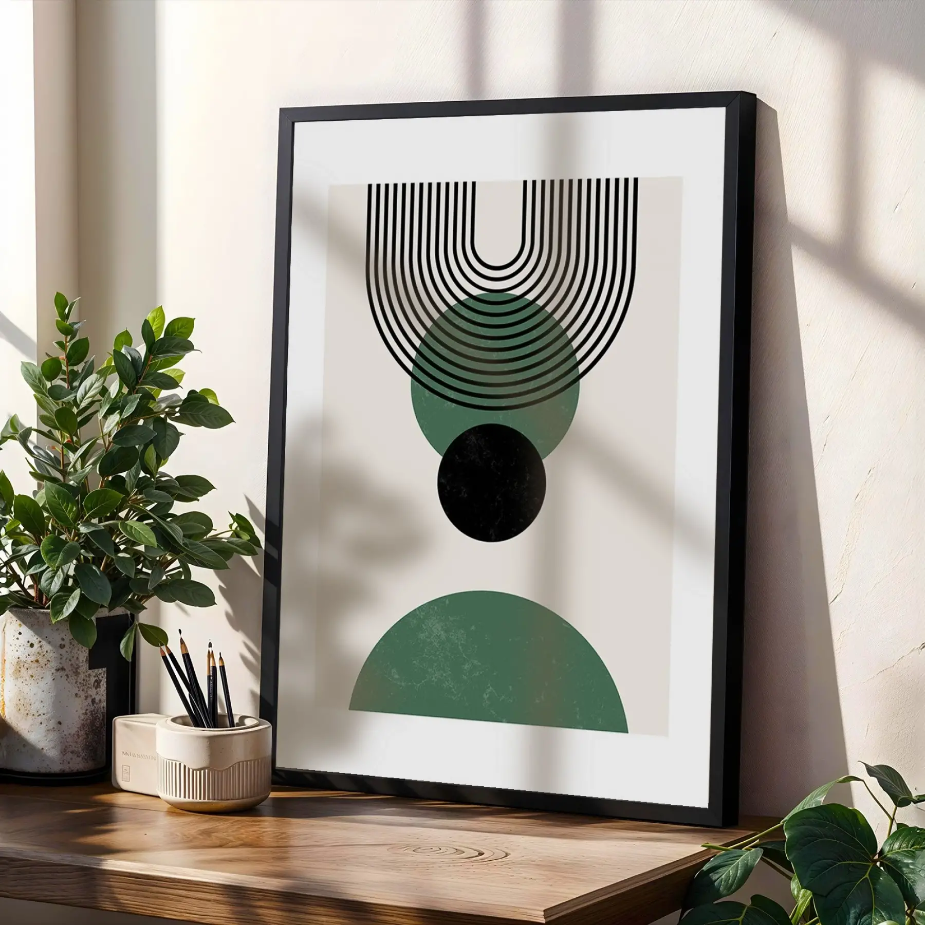 Minimalist Yeşil Kemerli 3lü Siyah Çerçeveli Tablo Seti Tablo Çerçeve Salon Duvar Tablo Dekor