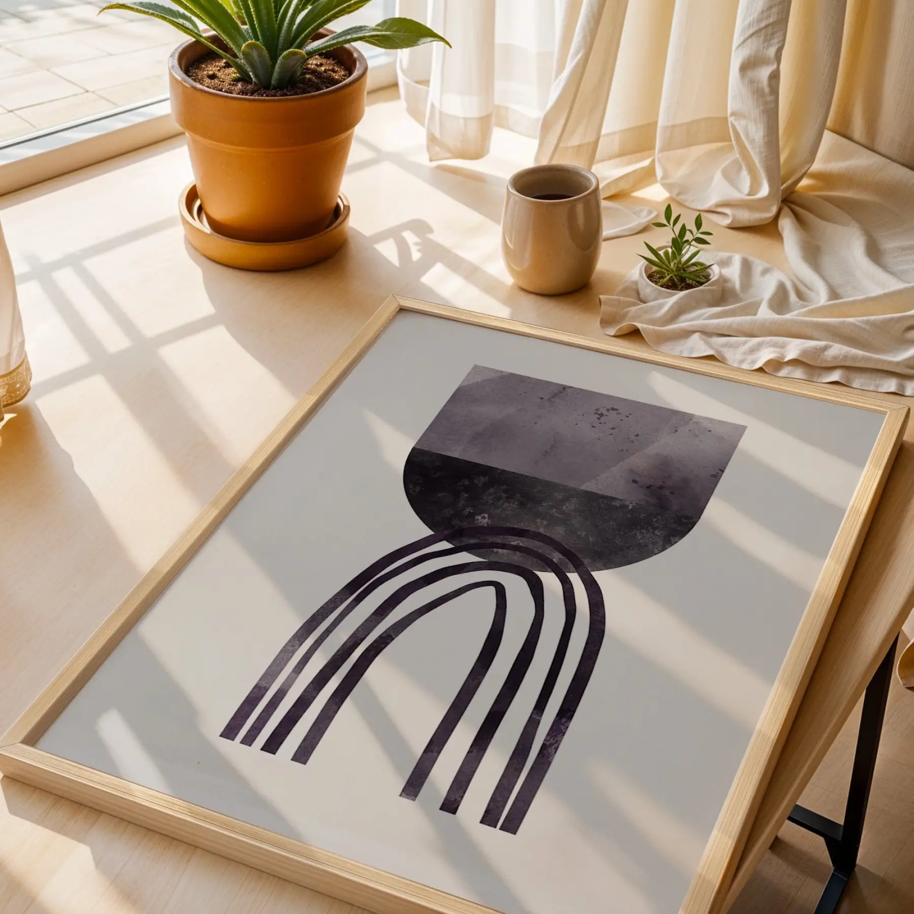 Minimalist Geometrik Formlar 3lü Ahşap Çerçeveli Tablo Seti Resim Çerçevesi Tablo Salon