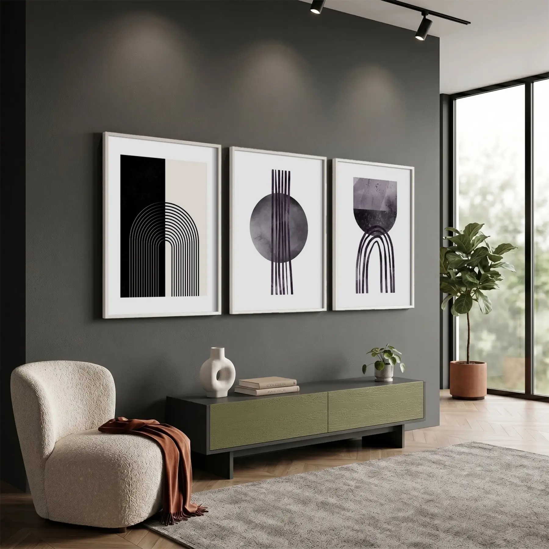 Minimalist Geometrik Formlar 3lü Beyaz Çerçeveli Tablo Seti Duvar Tablo Oda Dekorasyonu Dekoratif