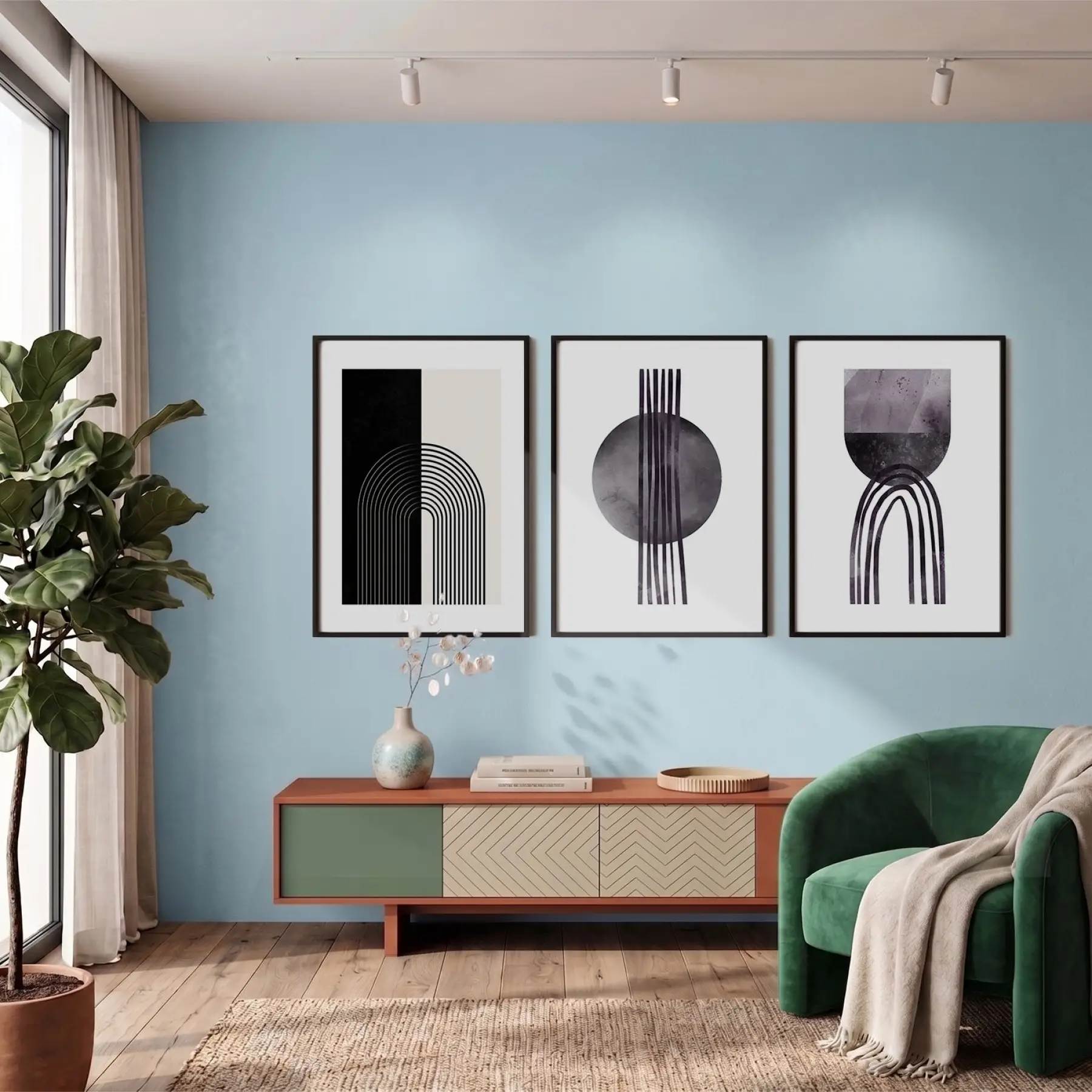 Minimalist Geometrik Formlar 3lü Siyah Çerçeveli Tablo Seti Duvar Tablo Oda Dekorasyonu Salon