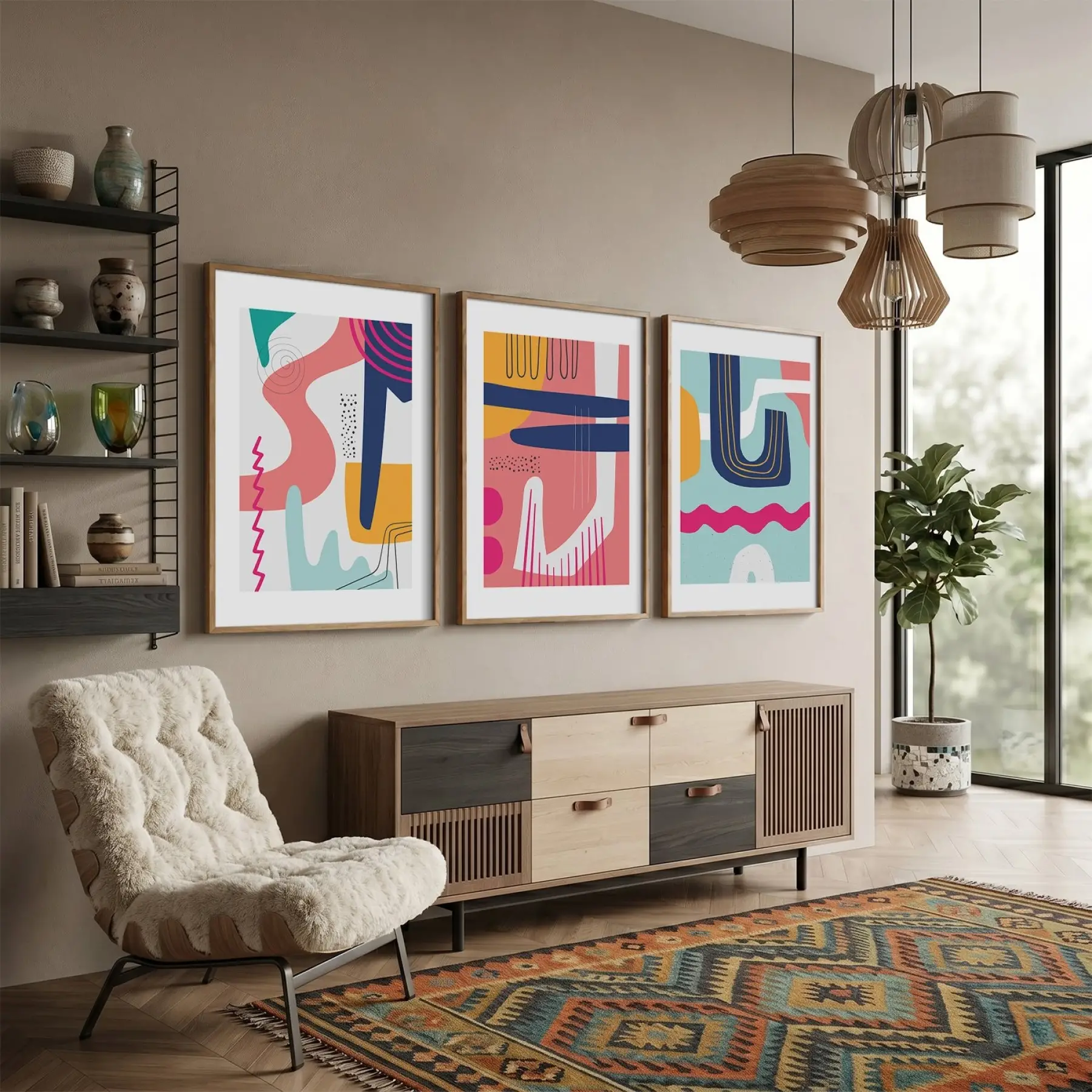 Dinamik Soyut Renk Kompozisyonu 3lü Ahşap Çerçeveli Tablo Seti Poster Tablo Resim Çerçevesi