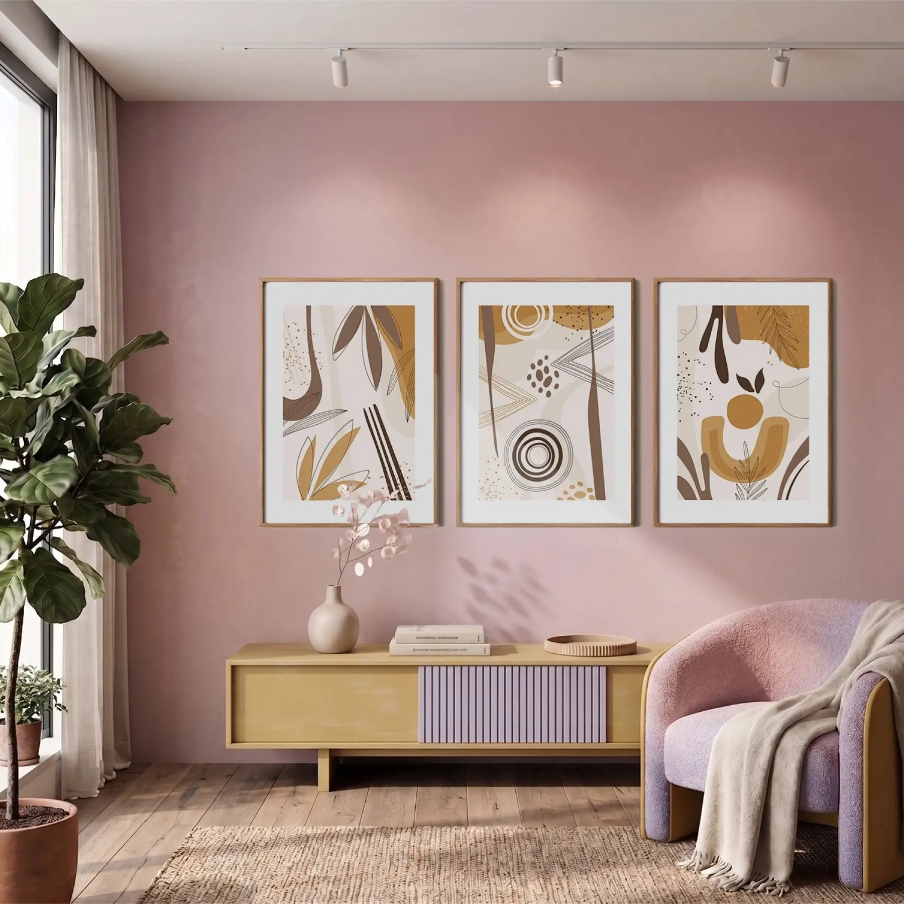 Toprak Tonları Soyut Desen 3lü Ahşap Çerçeveli Tablo Seti Salon Duvar Tablo Poster Tablo
