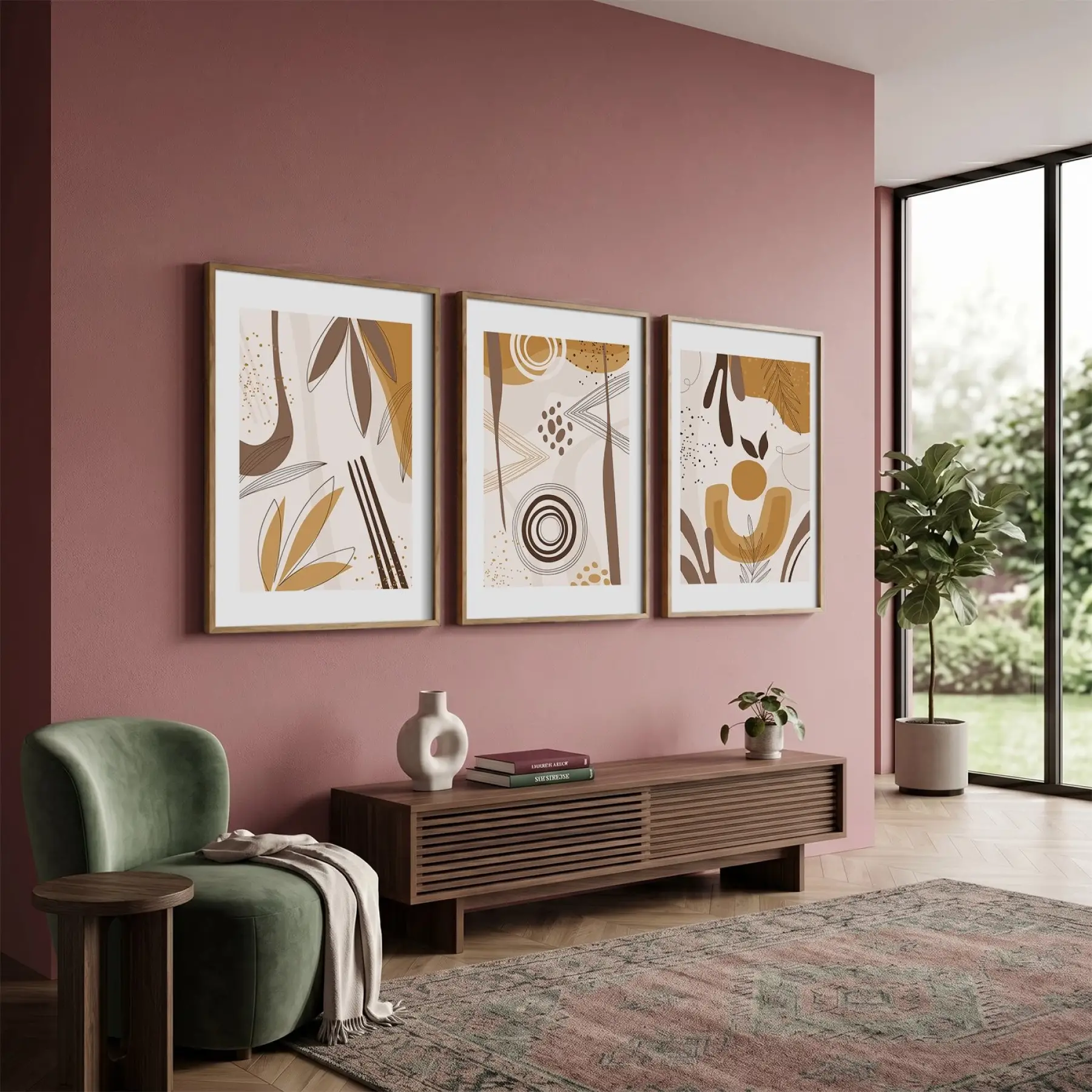 Toprak Tonları Soyut Desen 3lü Ahşap Çerçeveli Tablo Seti Salon Duvar Tablo Poster Tablo
