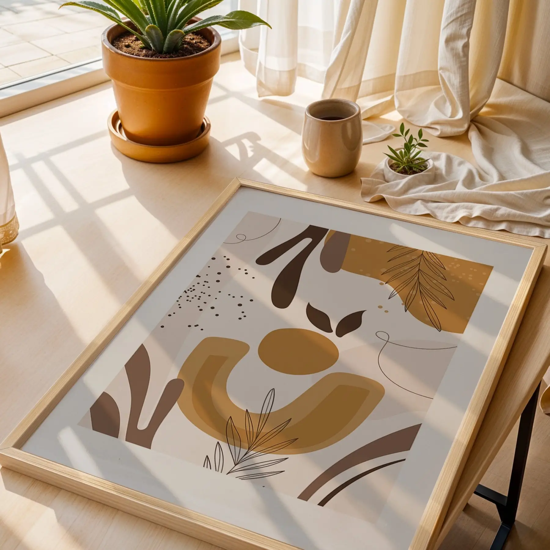 Toprak Tonları Soyut Desen 3lü Ahşap Çerçeveli Tablo Seti Salon Duvar Tablo Poster Tablo