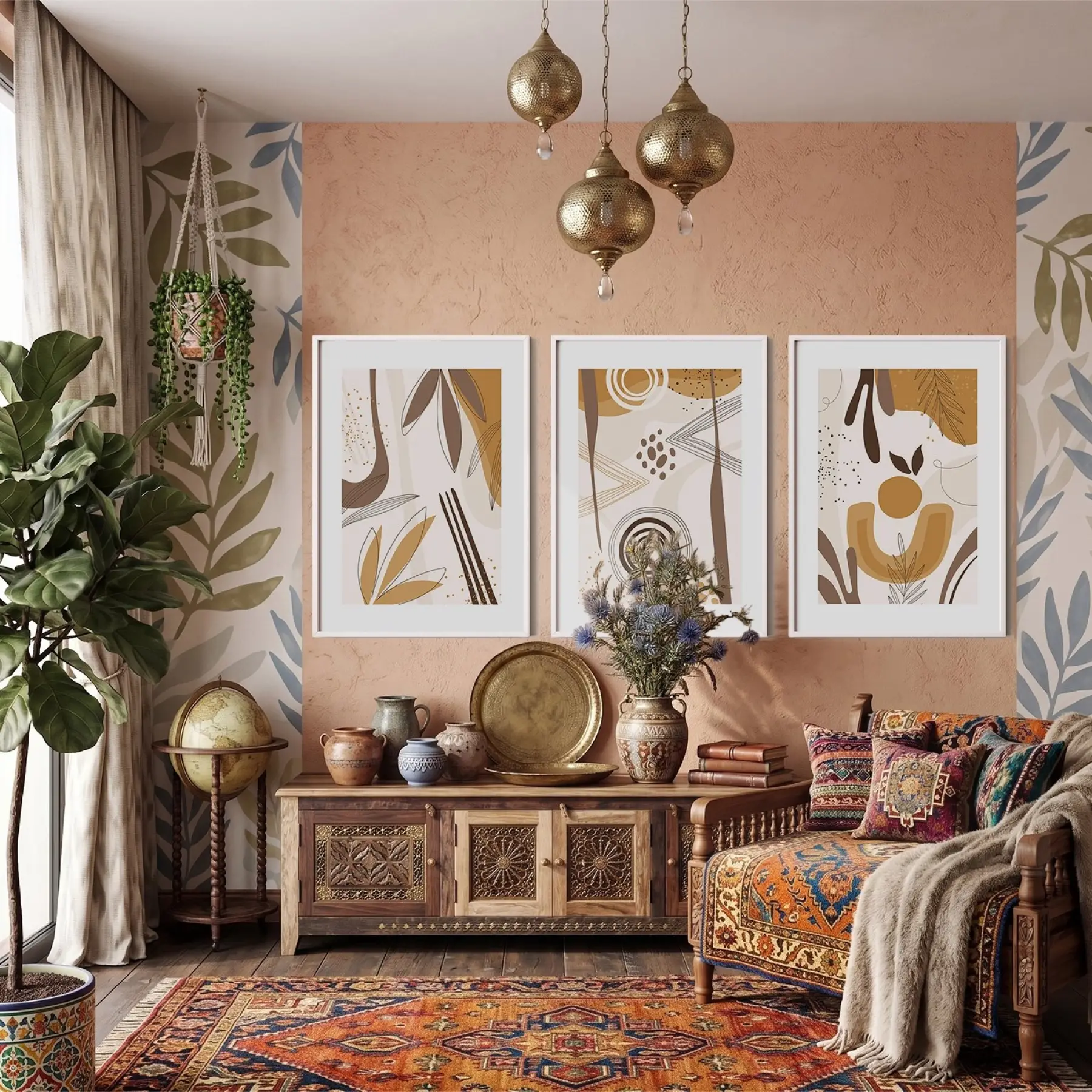 Toprak Tonları Soyut Desen 3lü Beyaz Çerçeveli Tablo Seti Resim Çerçevesi Tablo Salon Aksesuarları