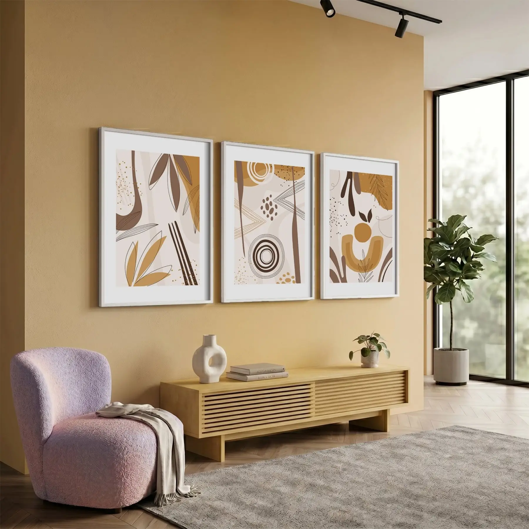Toprak Tonları Soyut Desen 3lü Beyaz Çerçeveli Tablo Seti Resim Çerçevesi Tablo Salon Aksesuarları