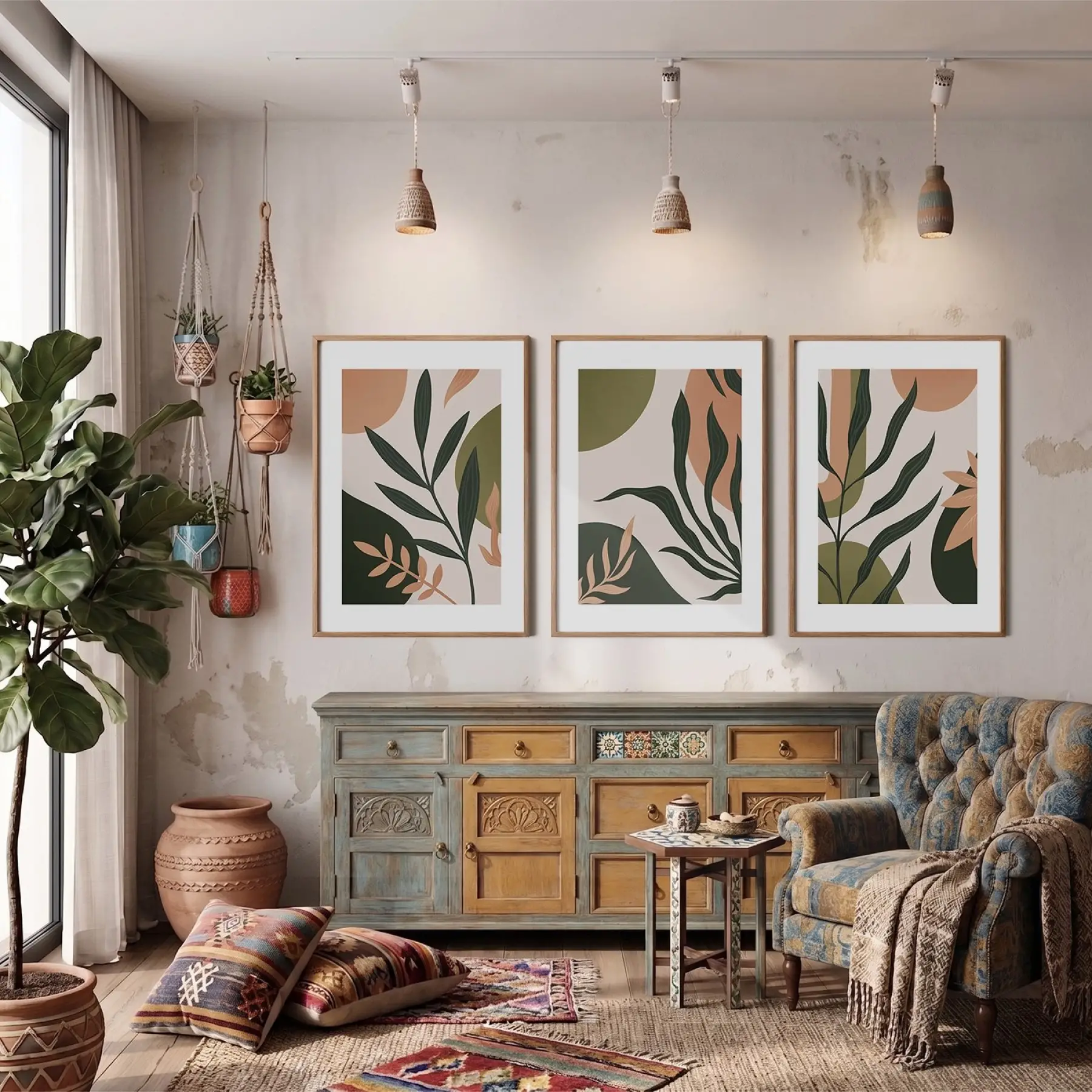 Soyut Botanik Yeşil Set 3lü Ahşap Çerçeveli Tablo Seti Bohem Tablo Resim Çerçevesi Tablo Salon