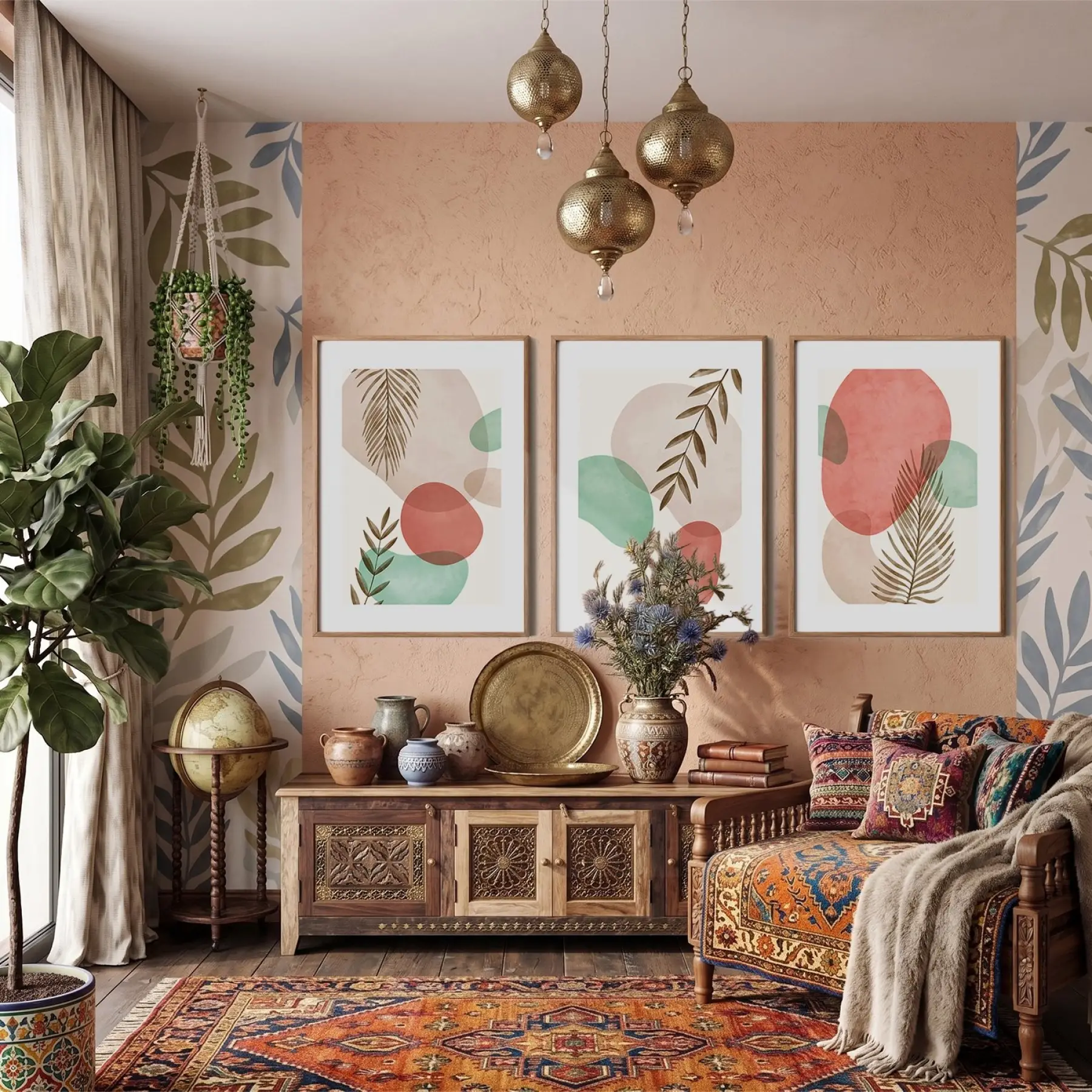 Pastel Soyut Yaprak Formları 3lü Ahşap Çerçeveli Tablo Seti Poster Tablo Resim Çerçevesi Dekoratif
