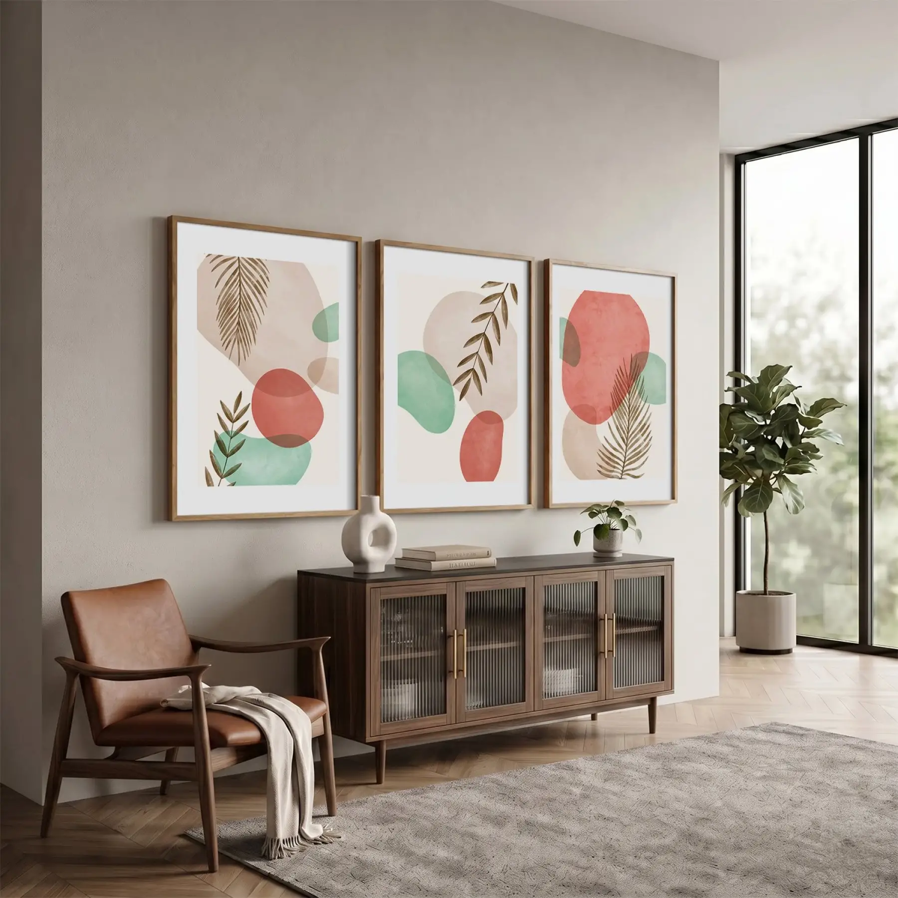 Pastel Soyut Yaprak Formları 3lü Ahşap Çerçeveli Tablo Seti Poster Tablo Resim Çerçevesi Dekoratif