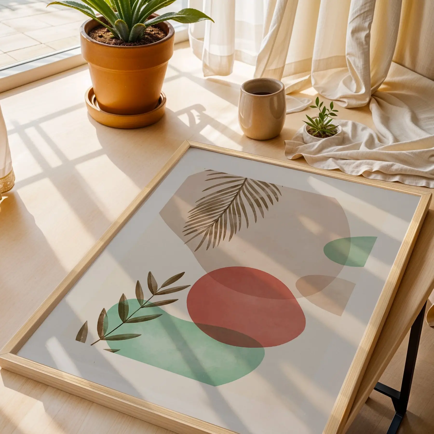 Pastel Soyut Yaprak Formları 3lü Ahşap Çerçeveli Tablo Seti Poster Tablo Resim Çerçevesi Dekoratif