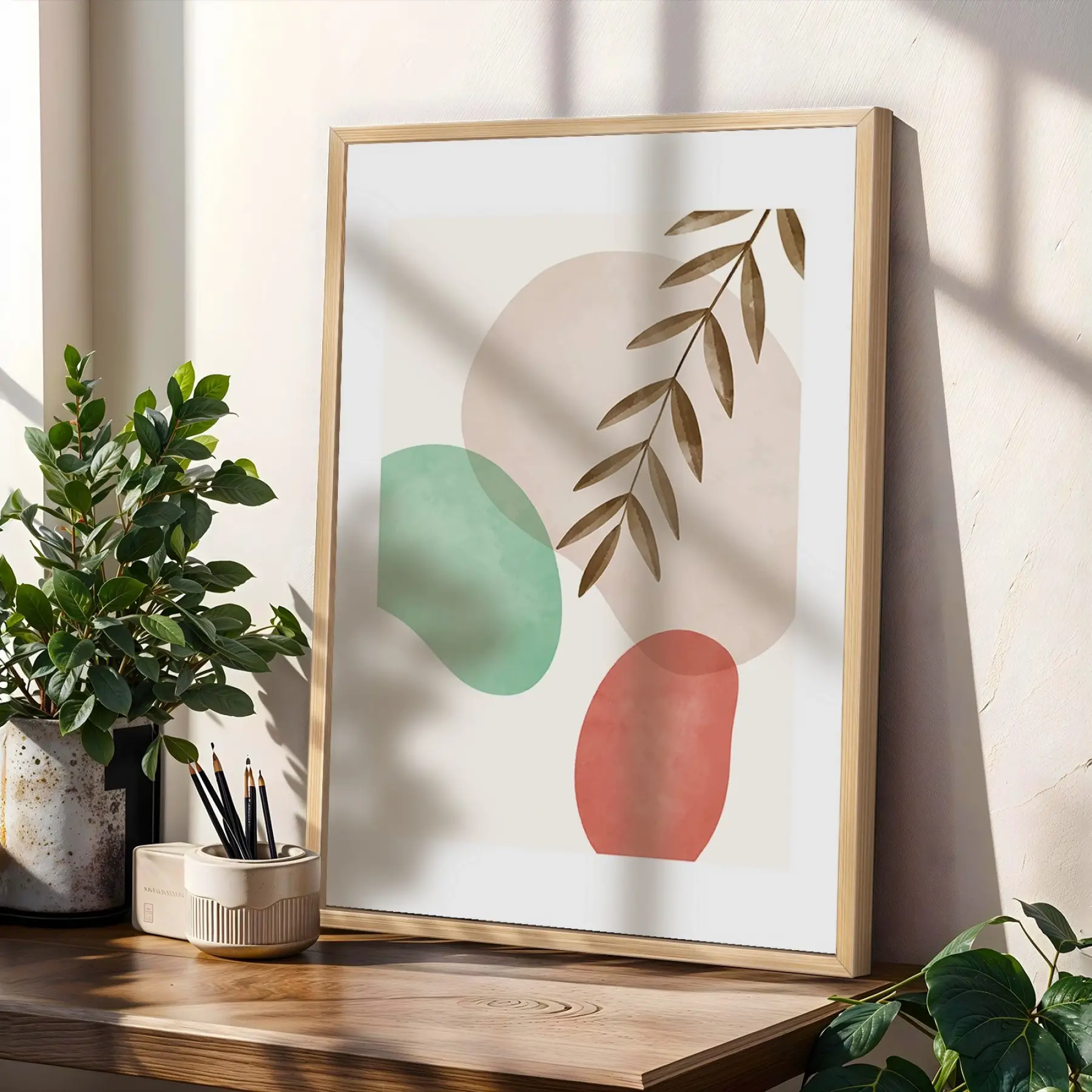 Pastel Soyut Yaprak Formları 3lü Ahşap Çerçeveli Tablo Seti Poster Tablo Resim Çerçevesi Dekoratif