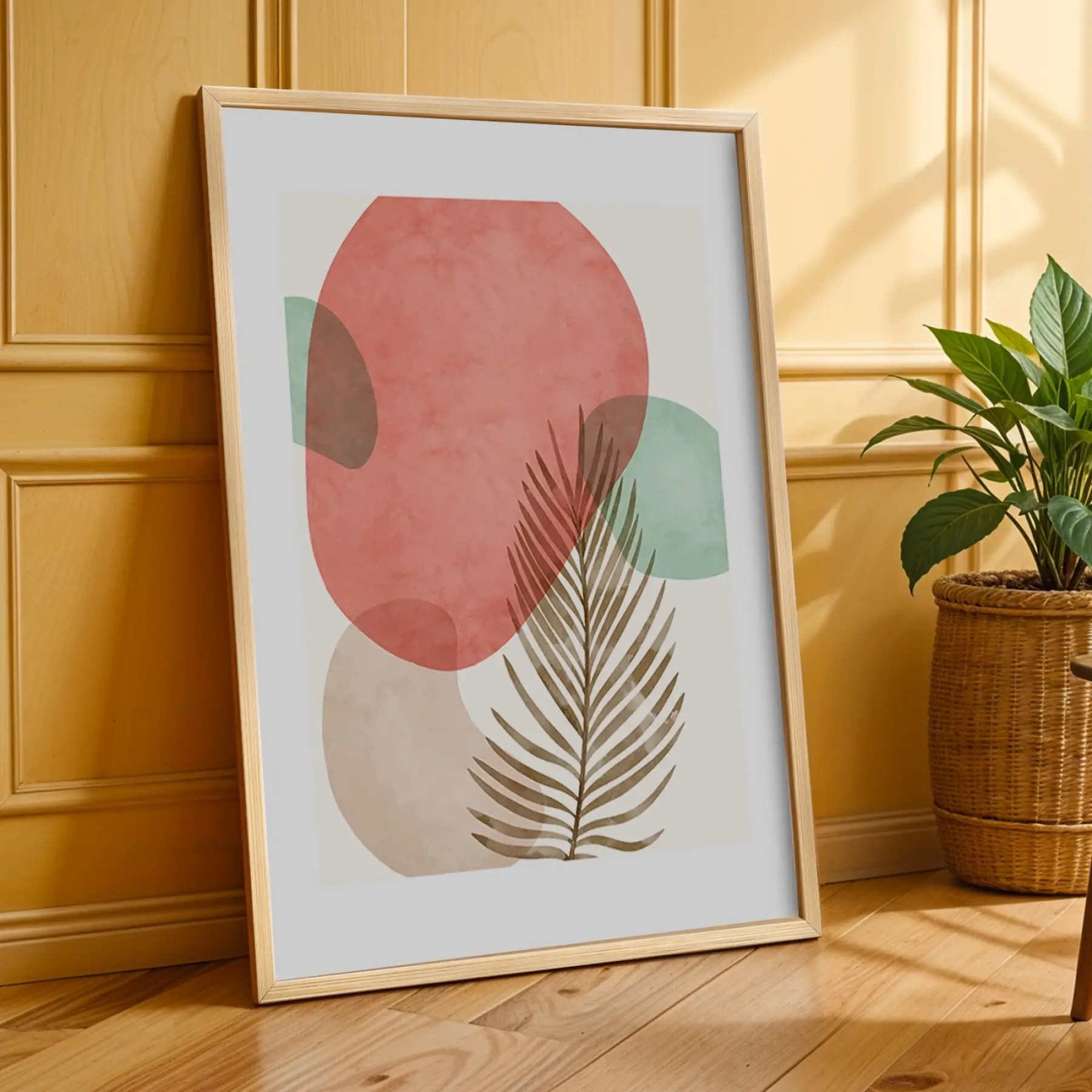 Pastel Soyut Yaprak Formları 3lü Ahşap Çerçeveli Tablo Seti Poster Tablo Resim Çerçevesi Dekoratif