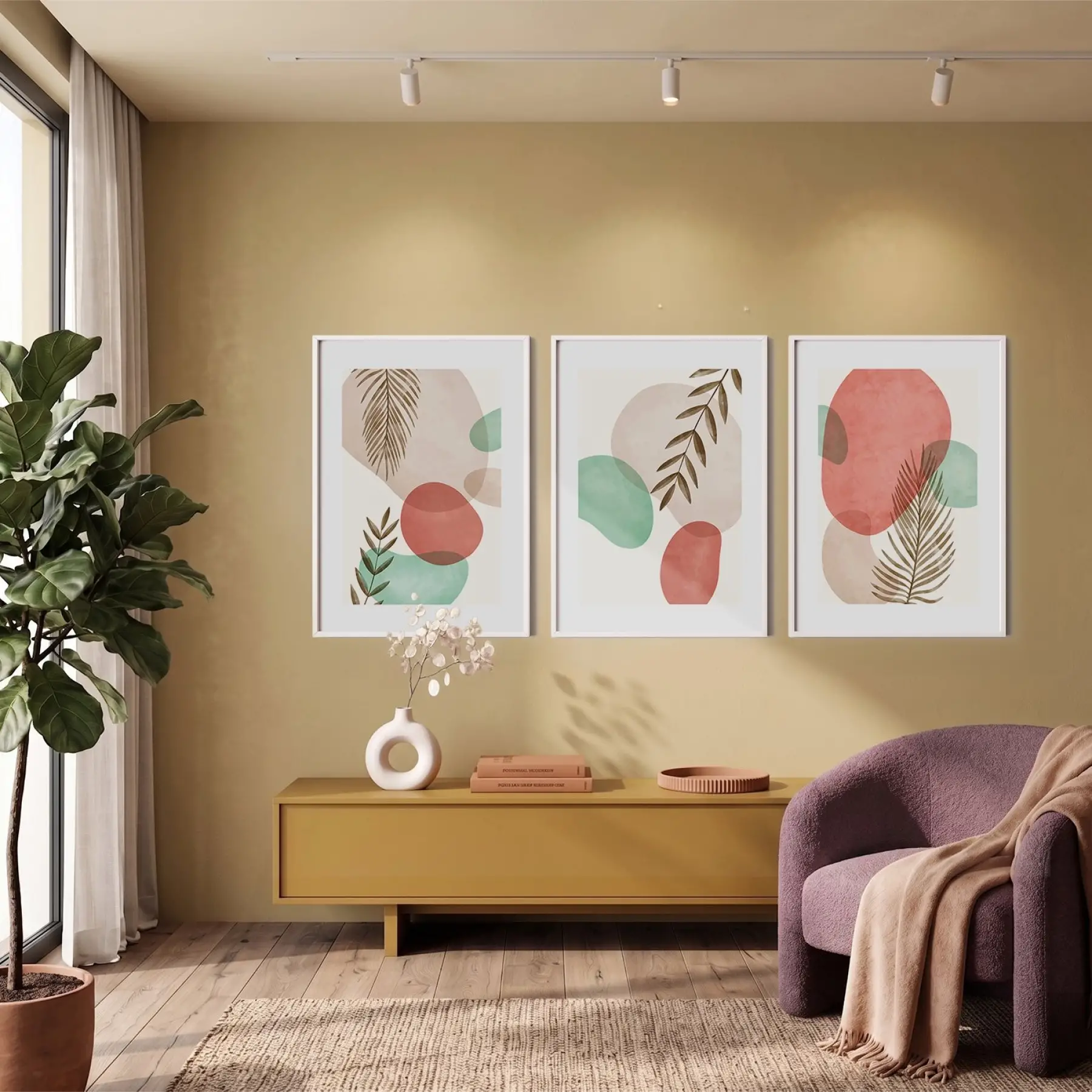 Pastel Soyut Yaprak Formları 3lü Beyaz Çerçeveli Tablo Seti Salon Duvar Tablo Poster Tablo