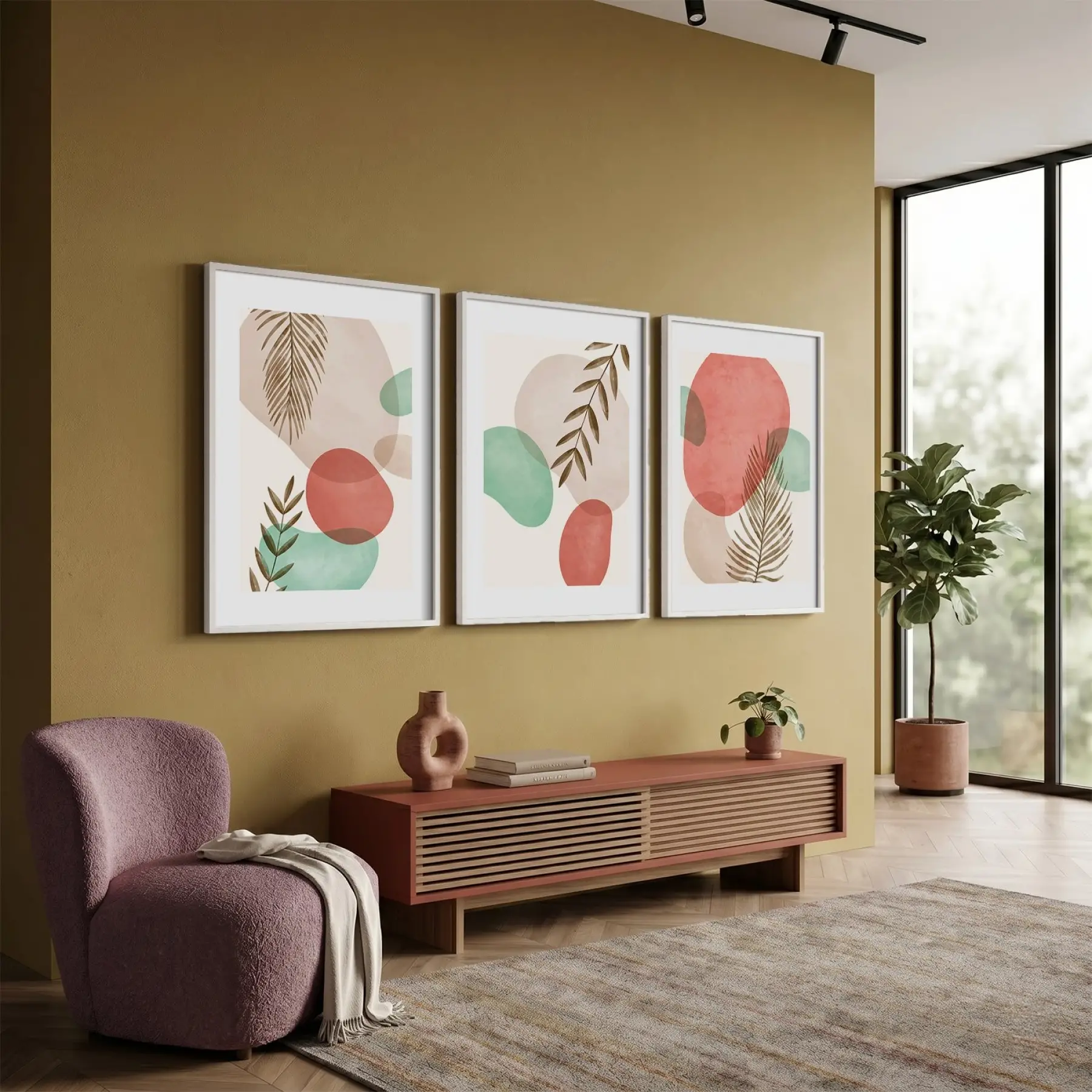 Pastel Soyut Yaprak Formları 3lü Beyaz Çerçeveli Tablo Seti Salon Duvar Tablo Poster Tablo