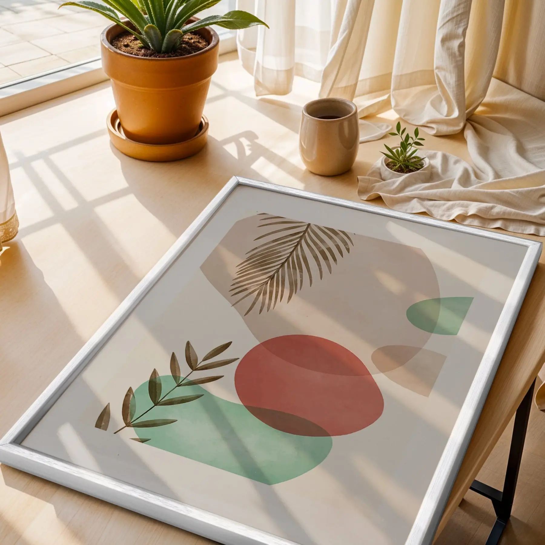 Pastel Soyut Yaprak Formları 3lü Beyaz Çerçeveli Tablo Seti Salon Duvar Tablo Poster Tablo