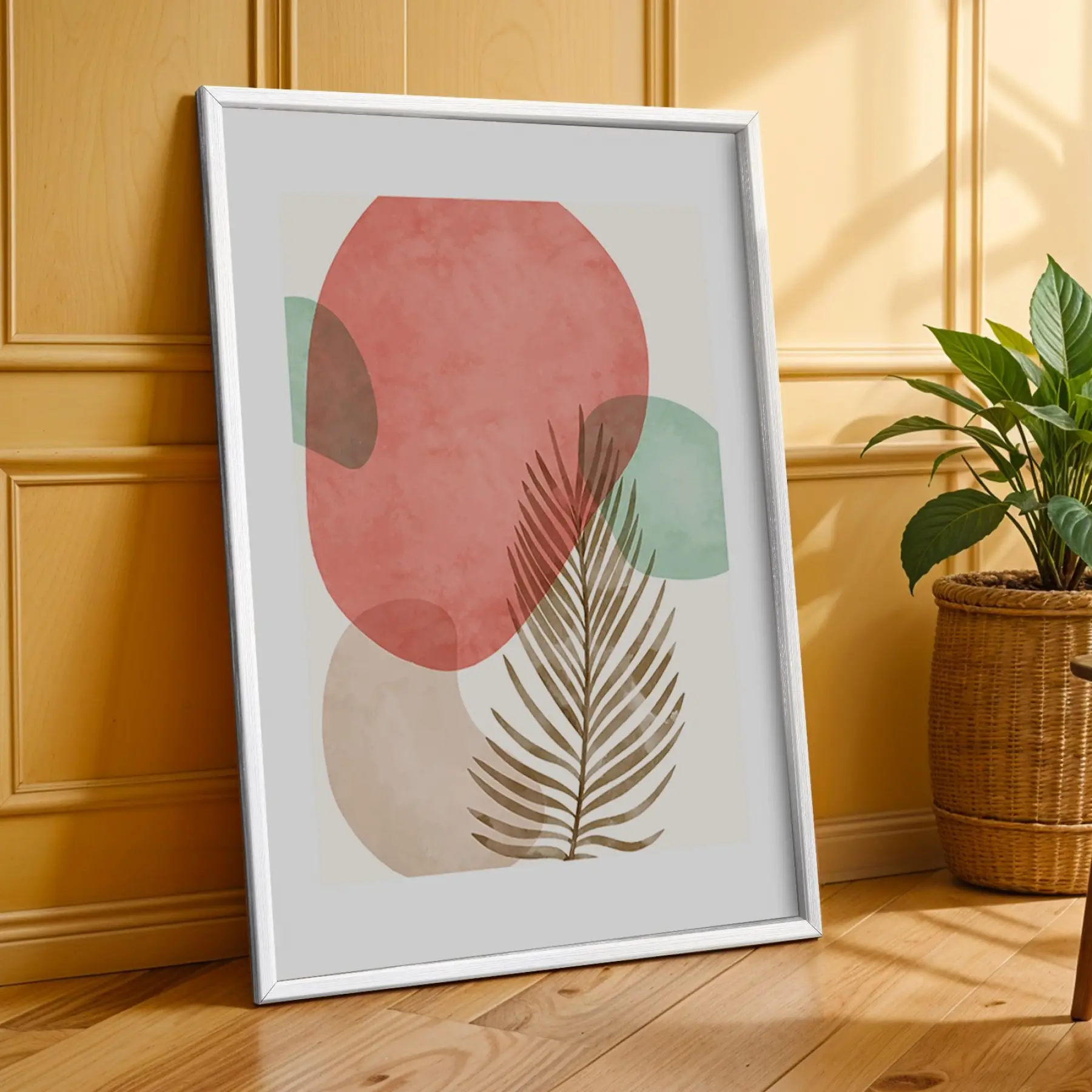 Pastel Soyut Yaprak Formları 3lü Beyaz Çerçeveli Tablo Seti Salon Duvar Tablo Poster Tablo