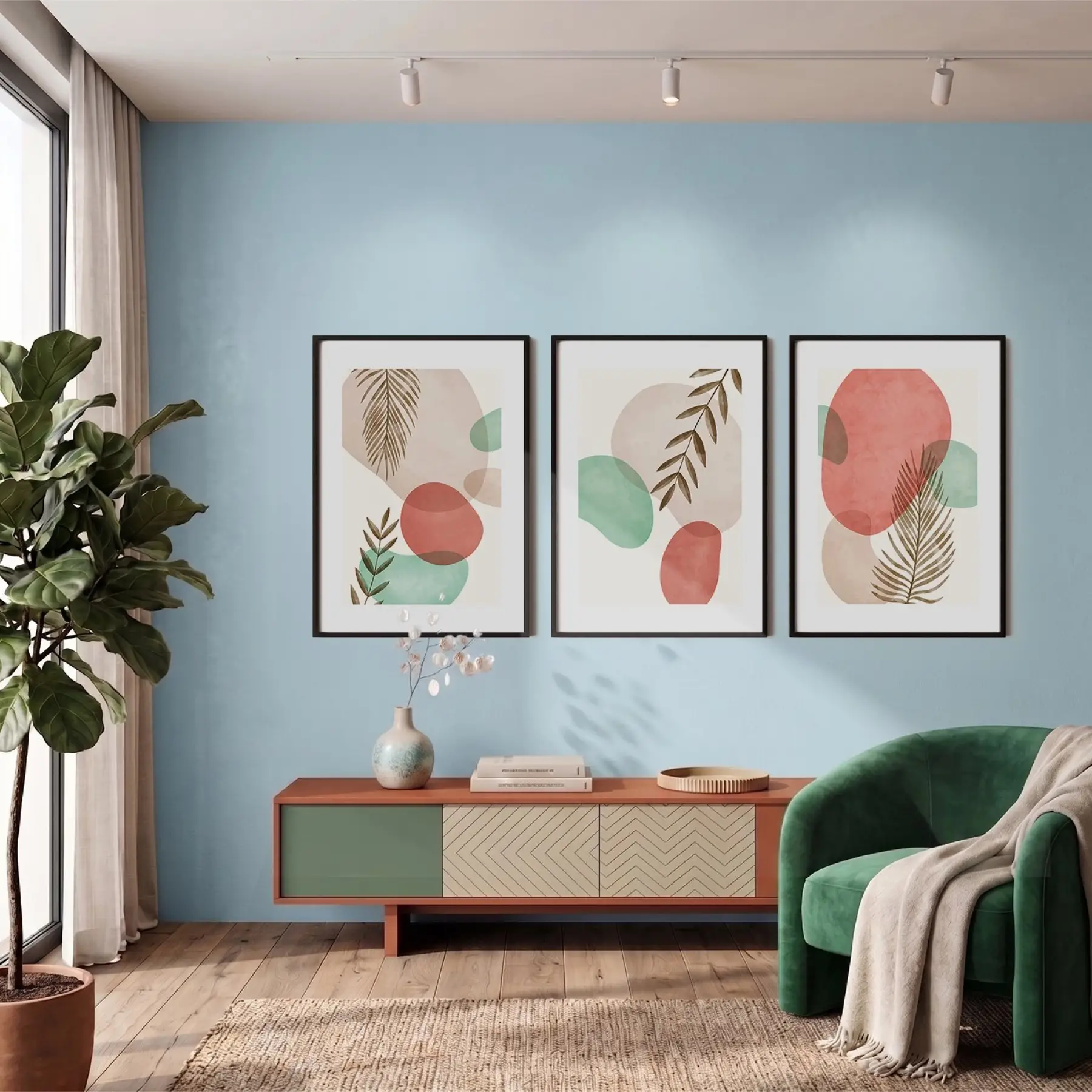 Pastel Soyut Yaprak Formları 3lü Siyah Çerçeveli Tablo Seti Poster Tablo Resim Çerçevesi Dekoratif