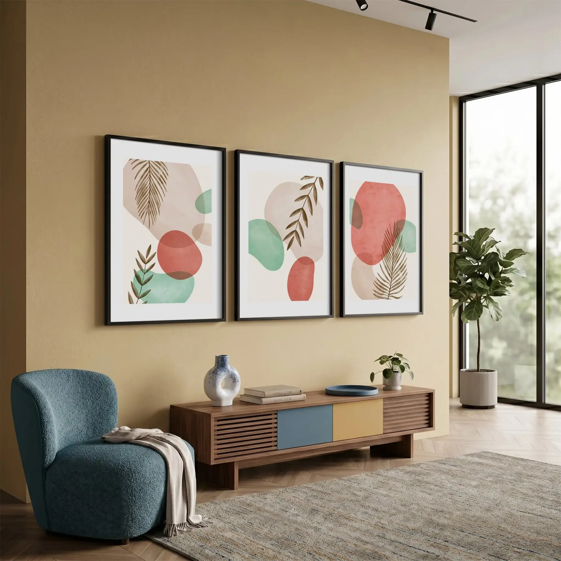 Pastel Soyut Yaprak Formları 3lü Siyah Çerçeveli Tablo Seti Poster Tablo Resim Çerçevesi Dekoratif
