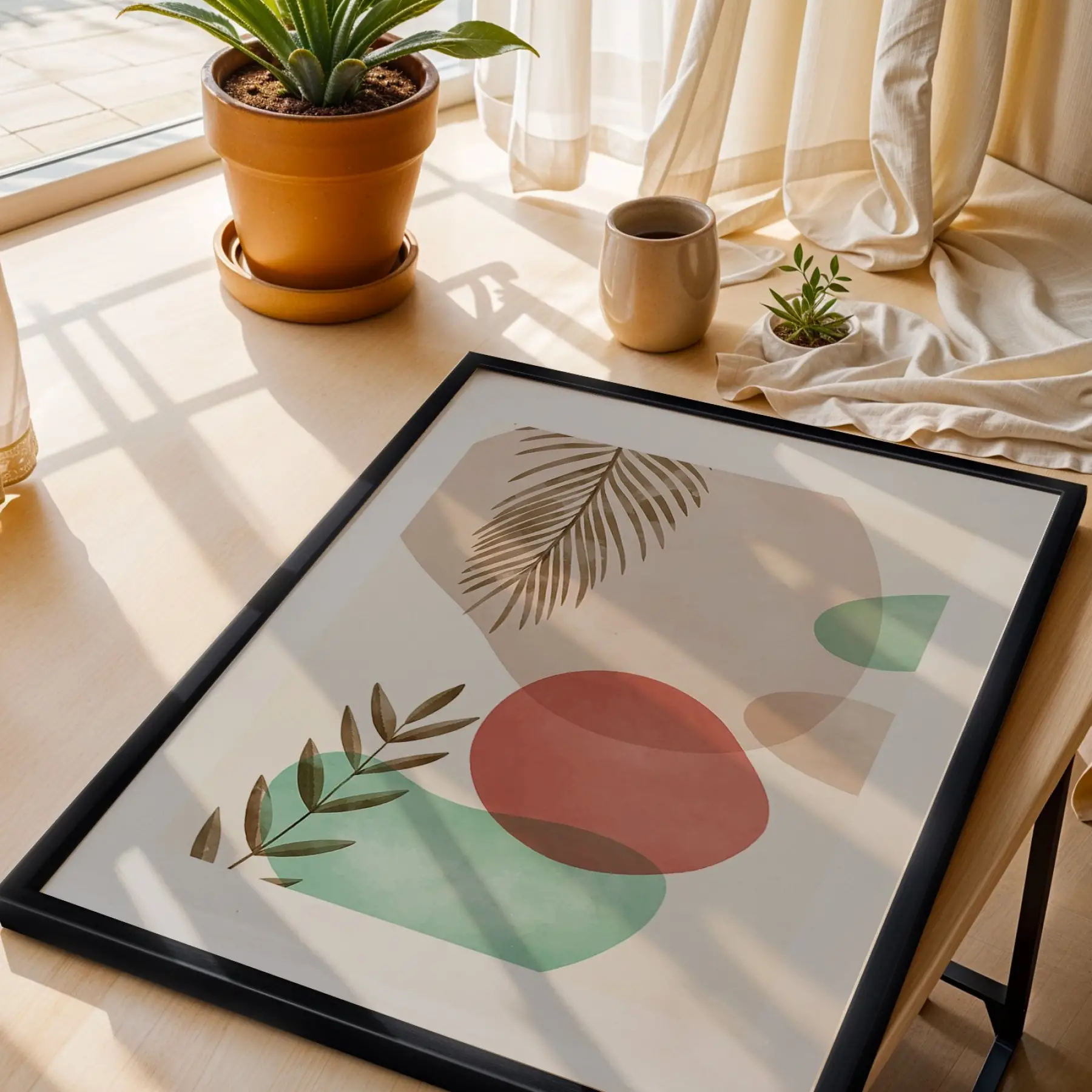 Pastel Soyut Yaprak Formları 3lü Siyah Çerçeveli Tablo Seti Poster Tablo Resim Çerçevesi Dekoratif
