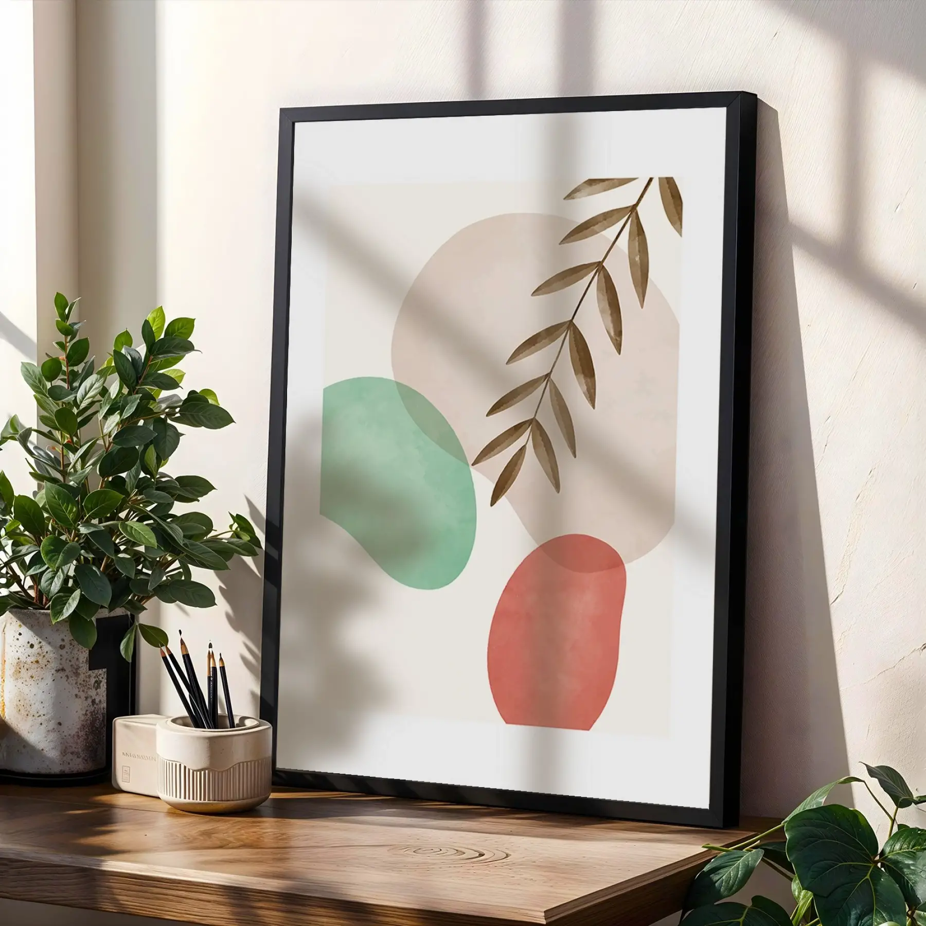 Pastel Soyut Yaprak Formları 3lü Siyah Çerçeveli Tablo Seti Poster Tablo Resim Çerçevesi Dekoratif