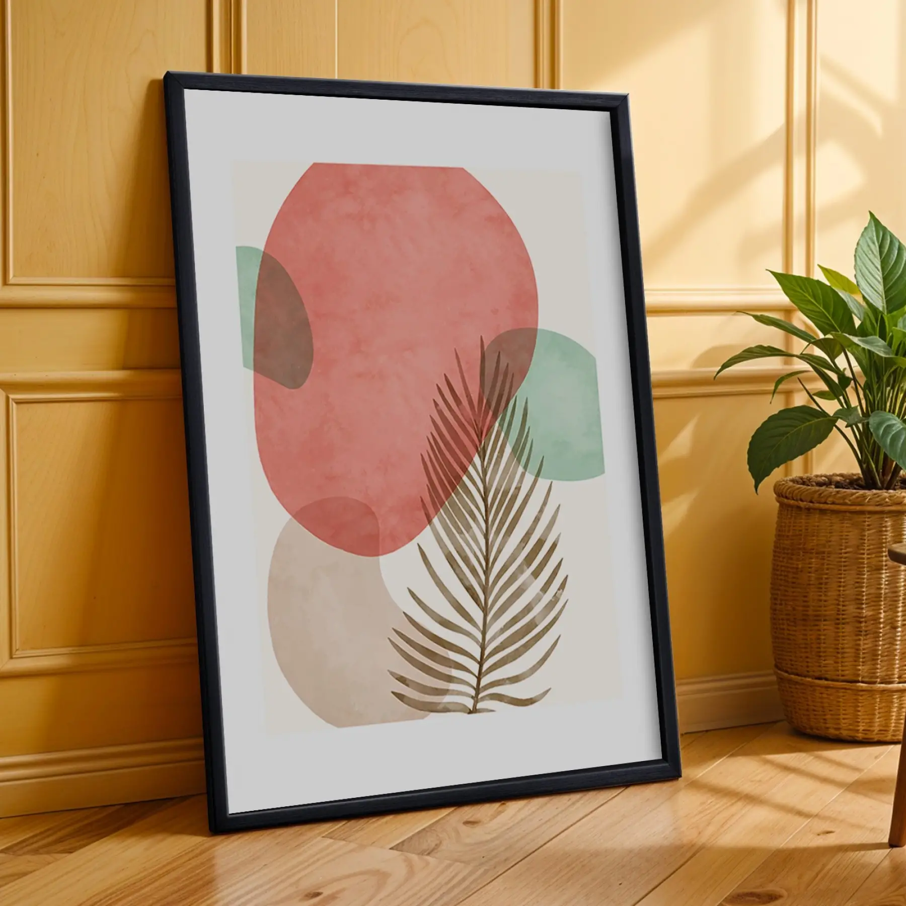 Pastel Soyut Yaprak Formları 3lü Siyah Çerçeveli Tablo Seti Poster Tablo Resim Çerçevesi Dekoratif