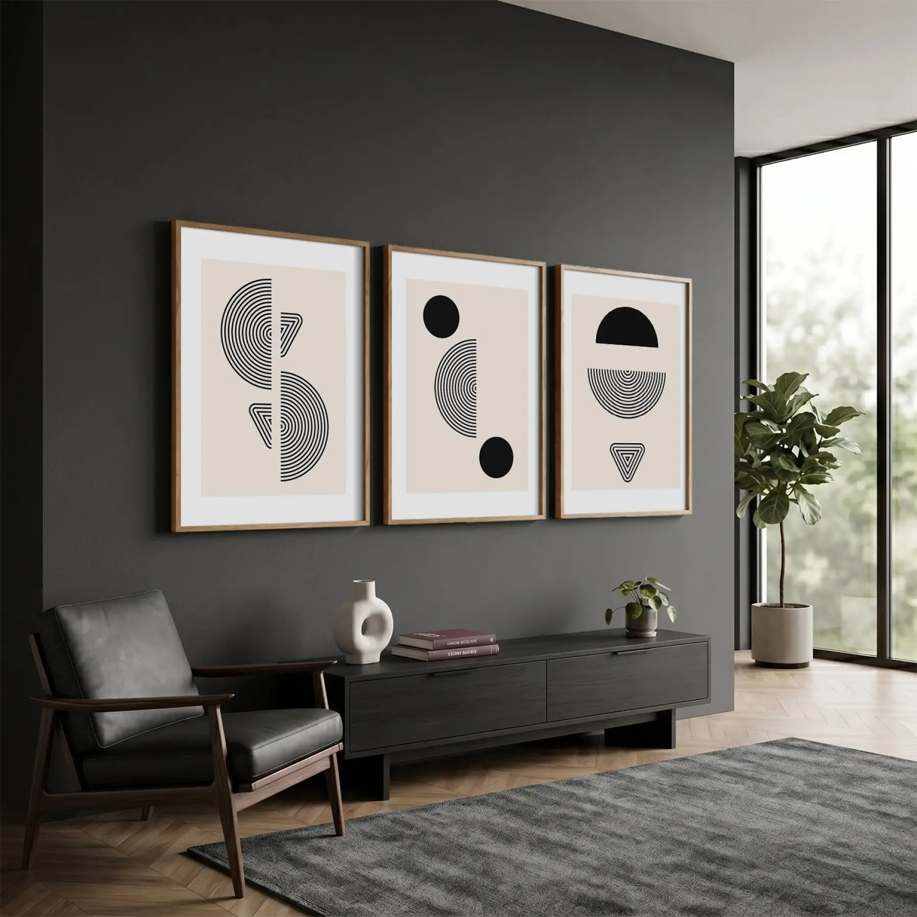 Bej Kavisli Geometrik Sanat 3lü Ahşap Çerçeveli Tablo Seti Poster Tablo Resim Çerçevesi Dekoratif