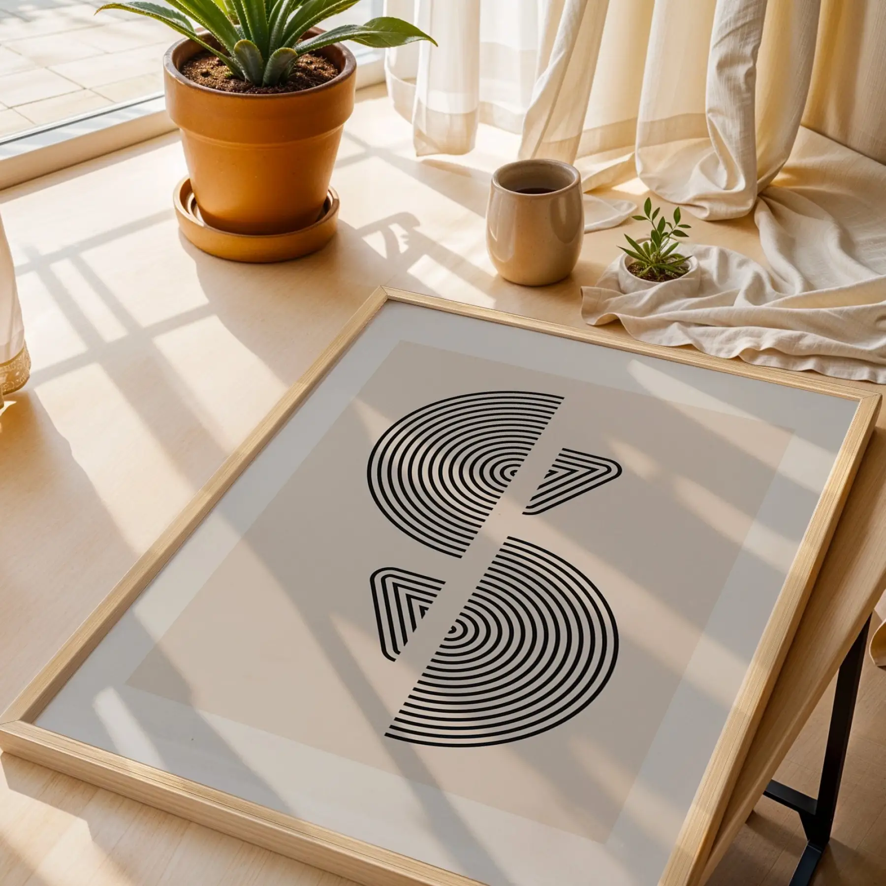 Bej Kavisli Geometrik Sanat 3lü Ahşap Çerçeveli Tablo Seti Poster Tablo Resim Çerçevesi Dekoratif