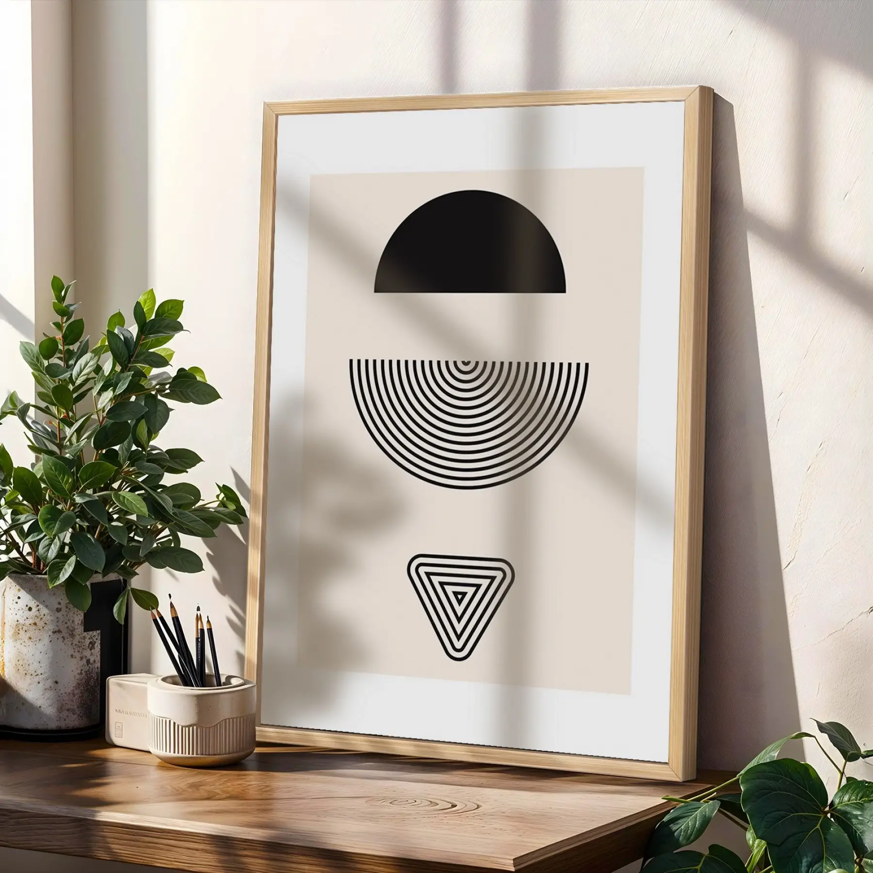 Bej Kavisli Geometrik Sanat 3lü Ahşap Çerçeveli Tablo Seti Poster Tablo Resim Çerçevesi Dekoratif